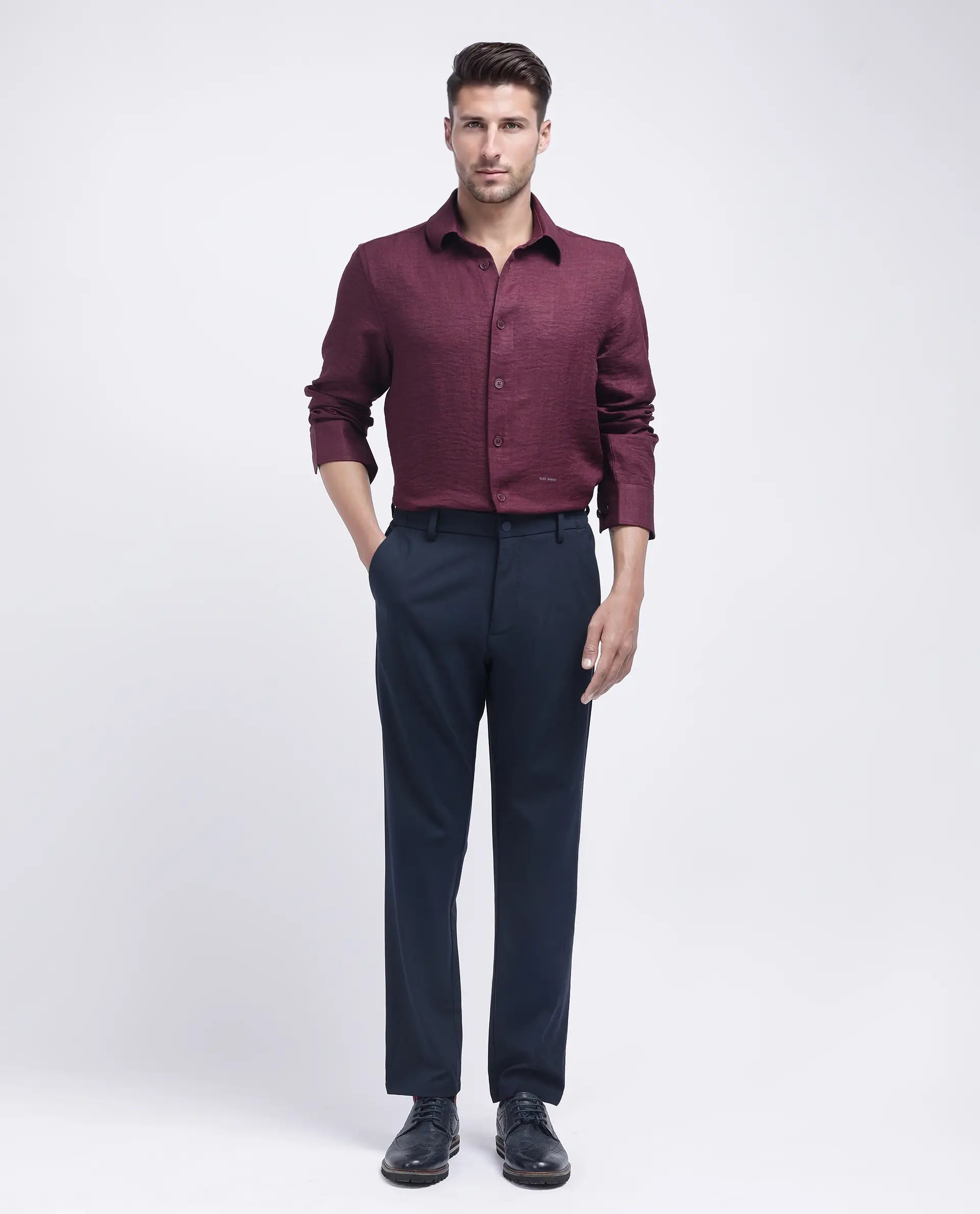 Rare Rabbit Men's Nert Maroon Cotton Plain Relaxed Fit Full Sleeve Collared Shirt