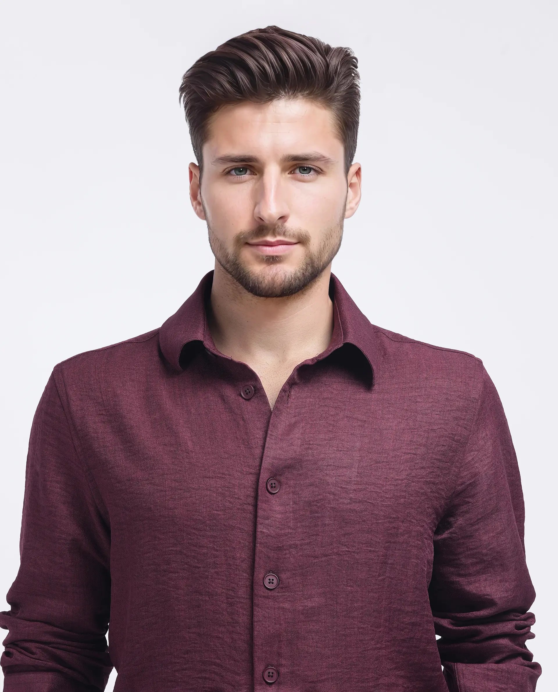 Rare Rabbit Men's Nert Maroon Cotton Plain Relaxed Fit Full Sleeve Collared Shirt