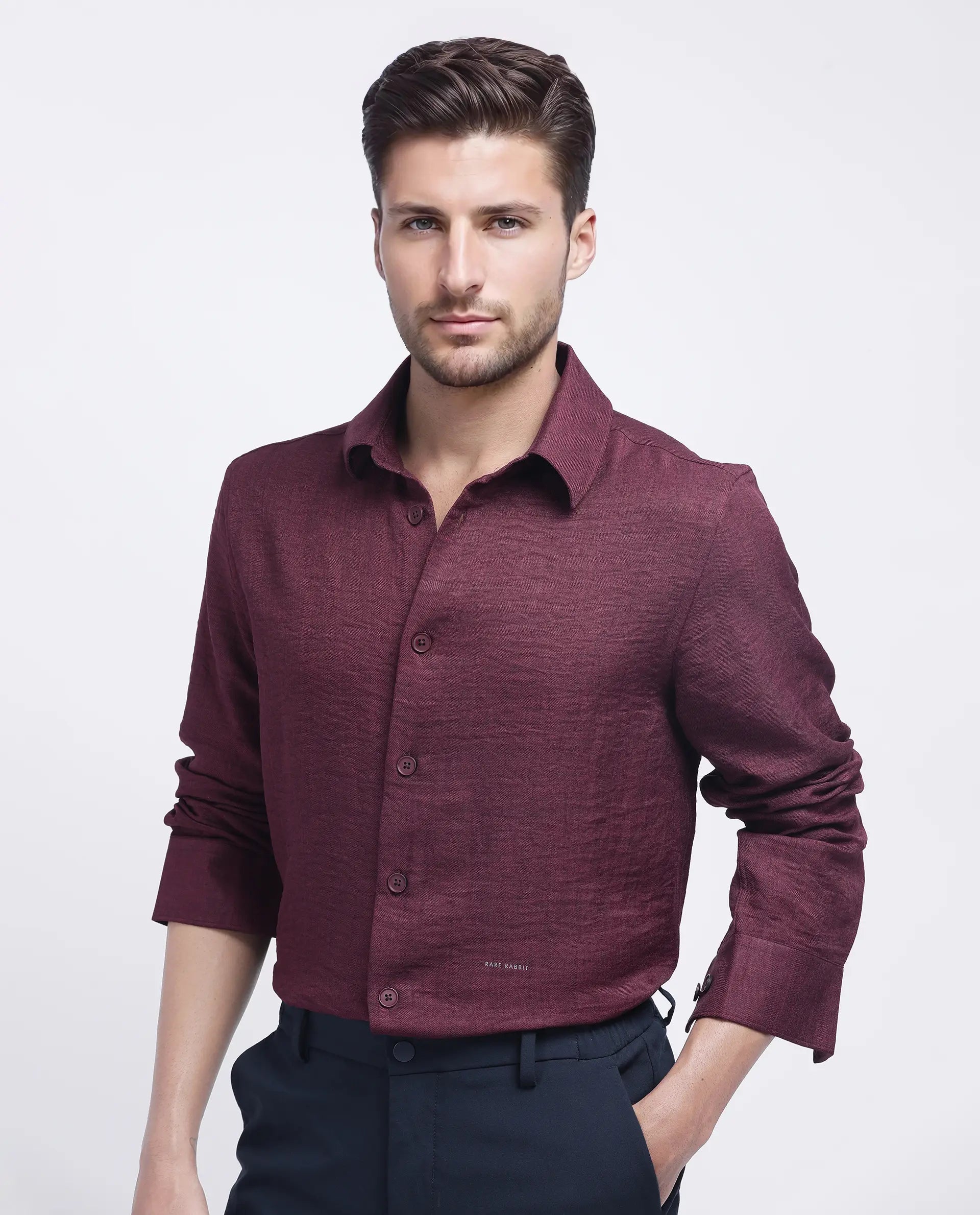 Rare Rabbit Men's Nert Maroon Cotton Plain Relaxed Fit Full Sleeve Collared Shirt