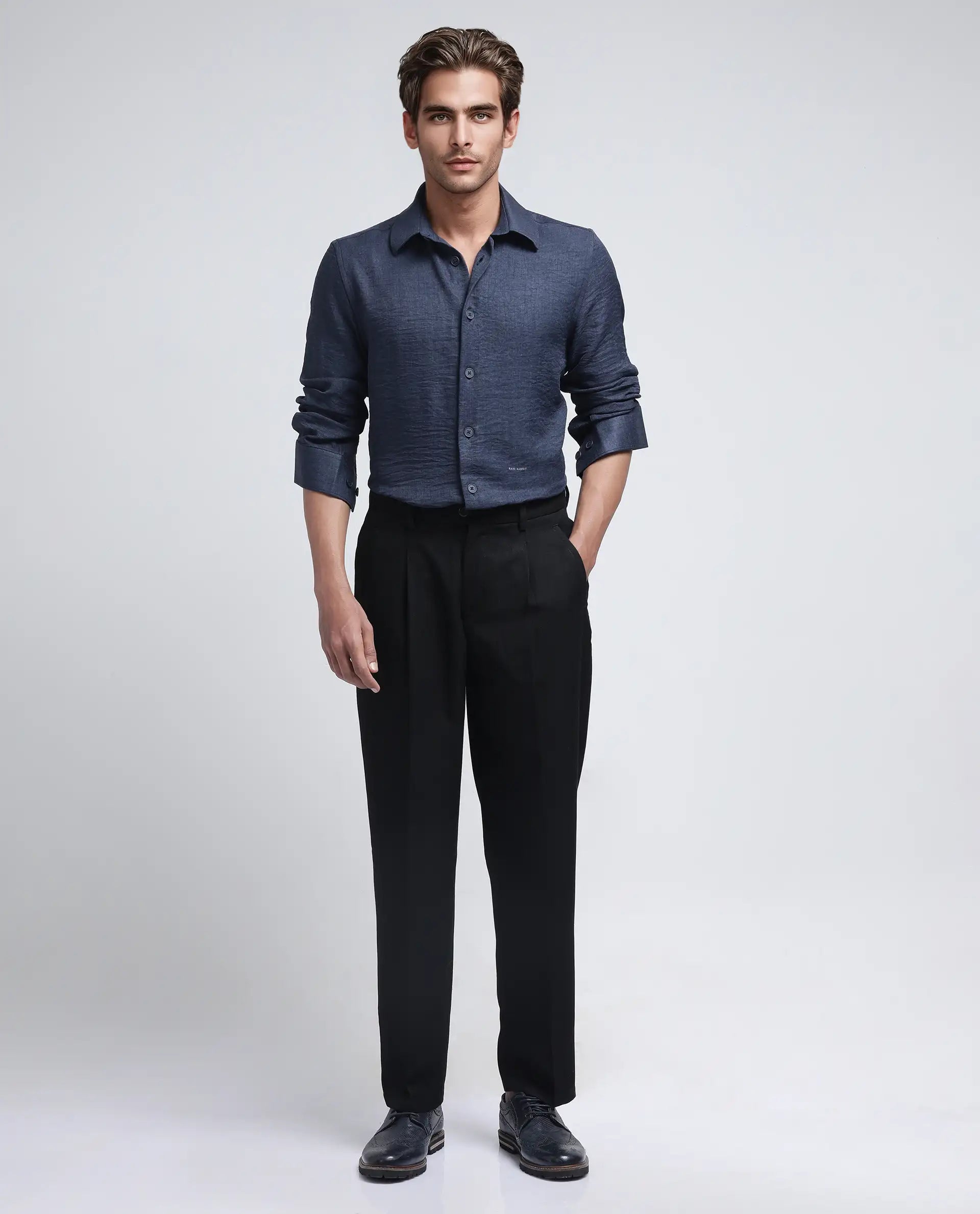 Rare Rabbit Men's Nert Navy Cotton Fabric Full Sleeve Collared Neck Button Closure Plain Shirt