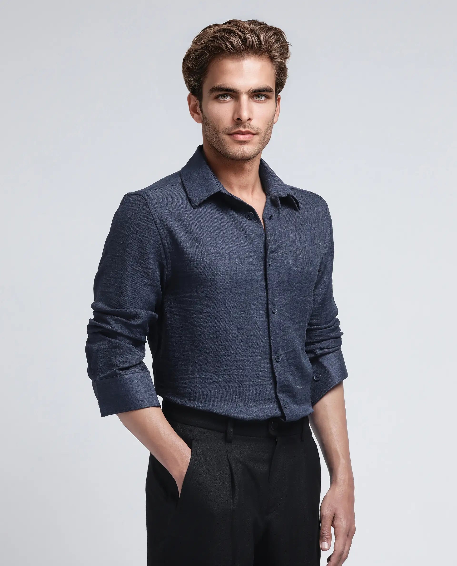 Rare Rabbit Men's Nert Navy Cotton Fabric Full Sleeve Collared Neck Button Closure Plain Shirt