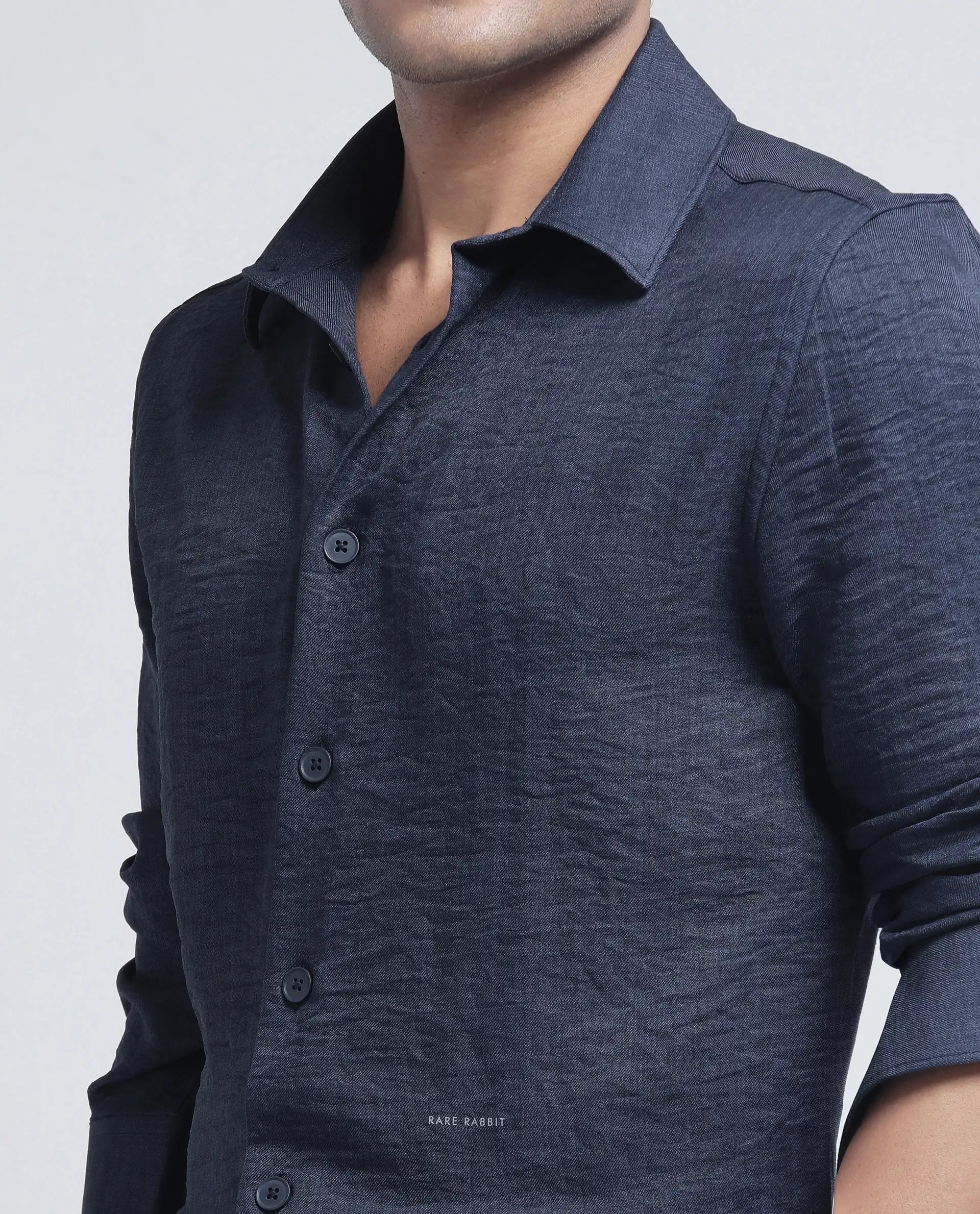 Rare Rabbit Men's Nert Navy Cotton Fabric Full Sleeve Collared Neck Button Closure Plain Shirt