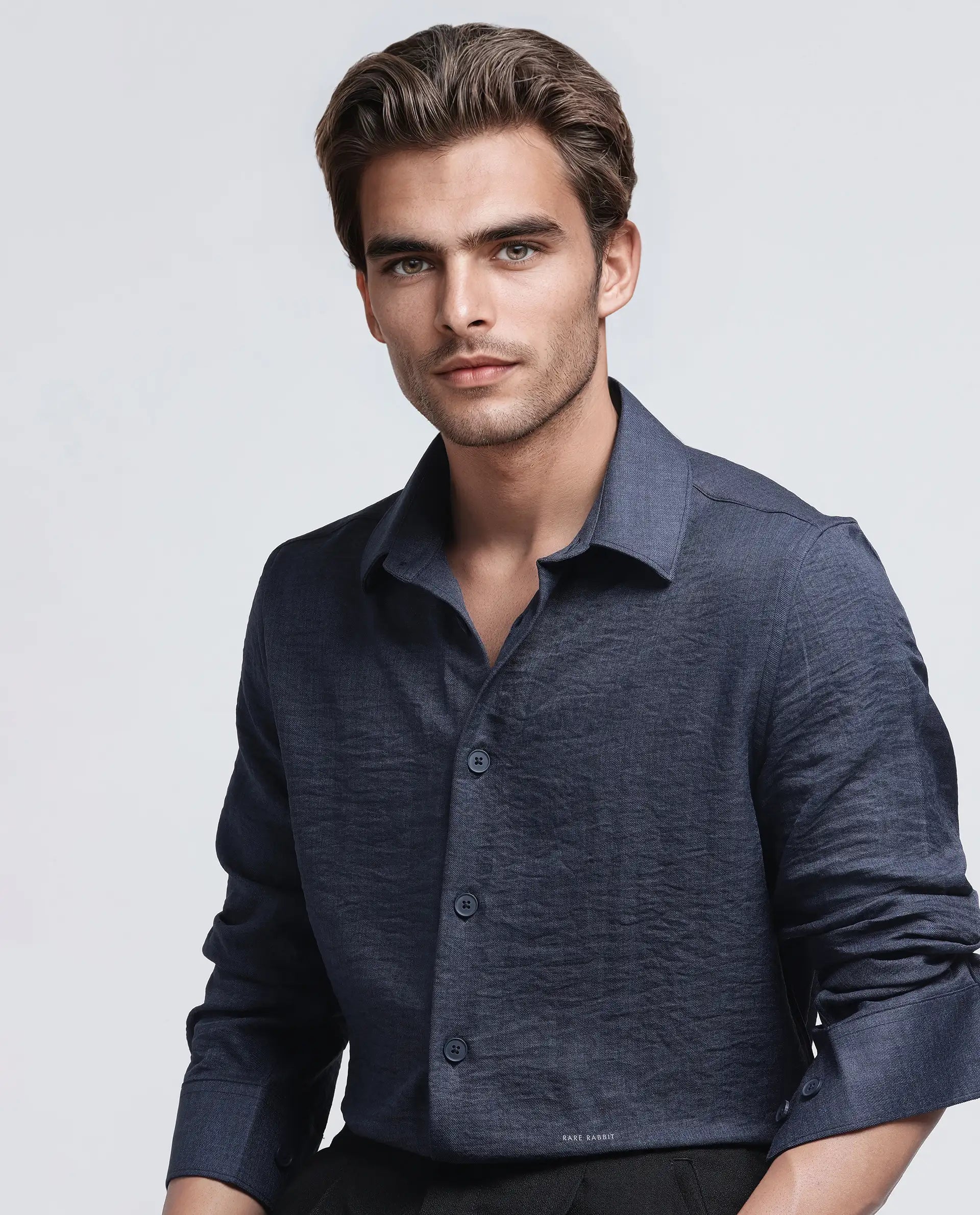 Rare Rabbit Men's Nert Navy Cotton Fabric Full Sleeve Collared Neck Button Closure Plain Shirt