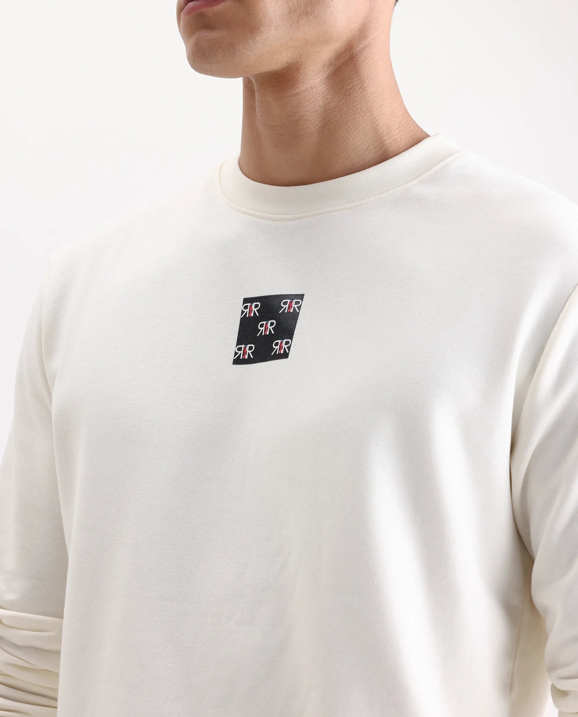 Rare Rabbit Men's Nerva Off White Cotton Blend Graphic Print Regular Fit Full Sleeve Crew Neck Sweatshirt
