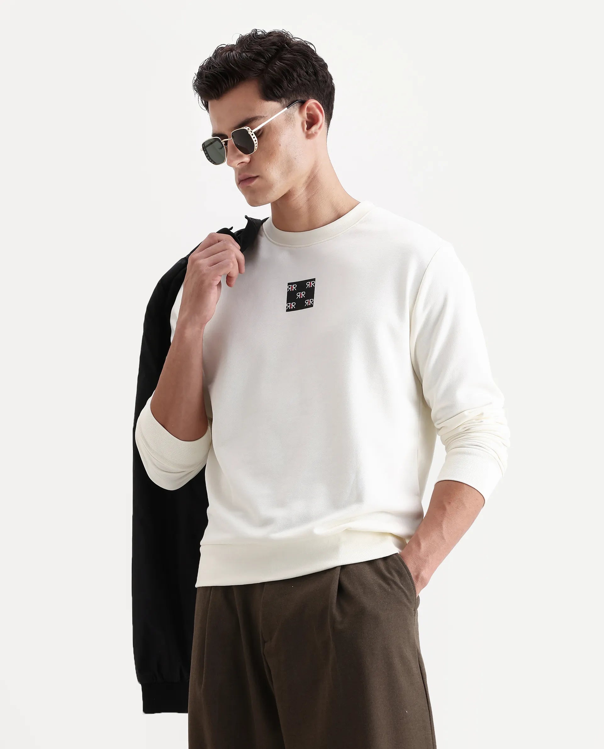 Rare Rabbit Men's Nerva Off White Cotton Blend Graphic Print Regular Fit Full Sleeve Crew Neck Sweatshirt