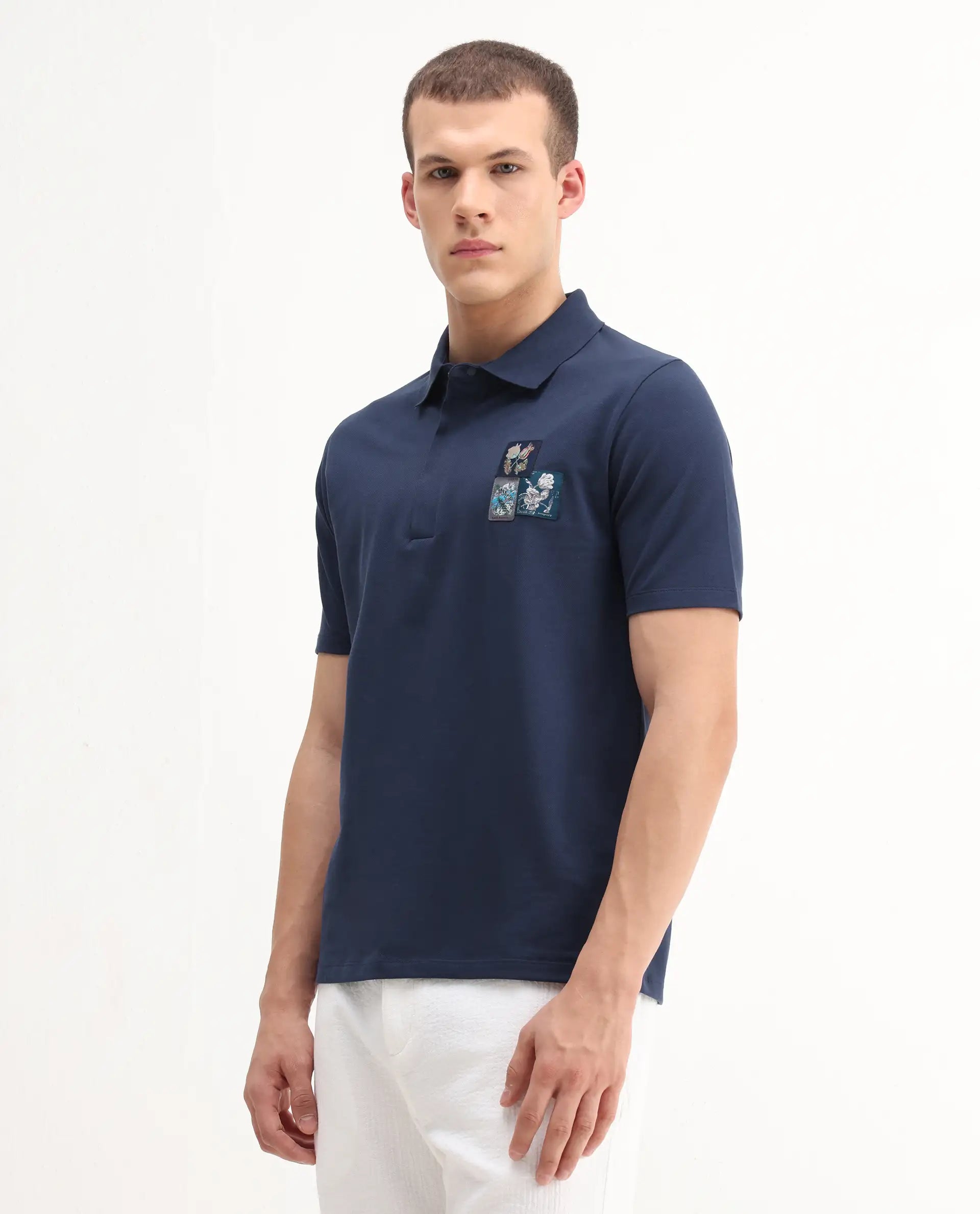 Rare Rabbit Men's Nesco Dusky Blue Cotton Plain Regular Fit Half Sleeve Polo