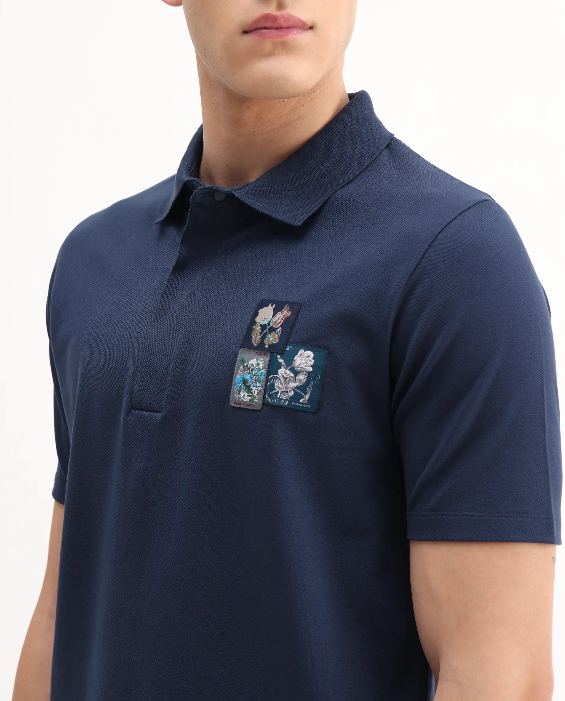 Rare Rabbit Men's Nesco Dusky Blue Cotton Plain Regular Fit Half Sleeve Polo