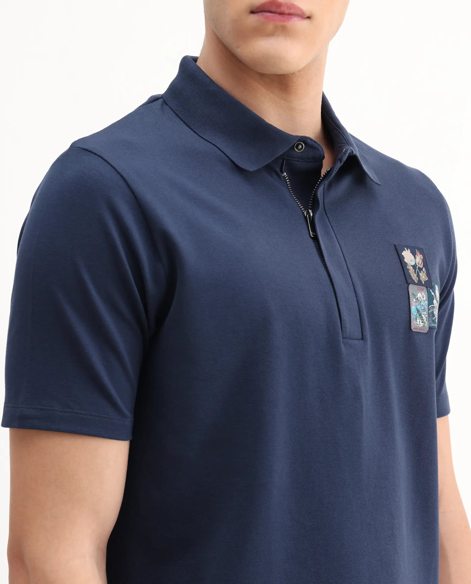 Rare Rabbit Men's Nesco Dusky Blue Cotton Plain Regular Fit Half Sleeve Polo