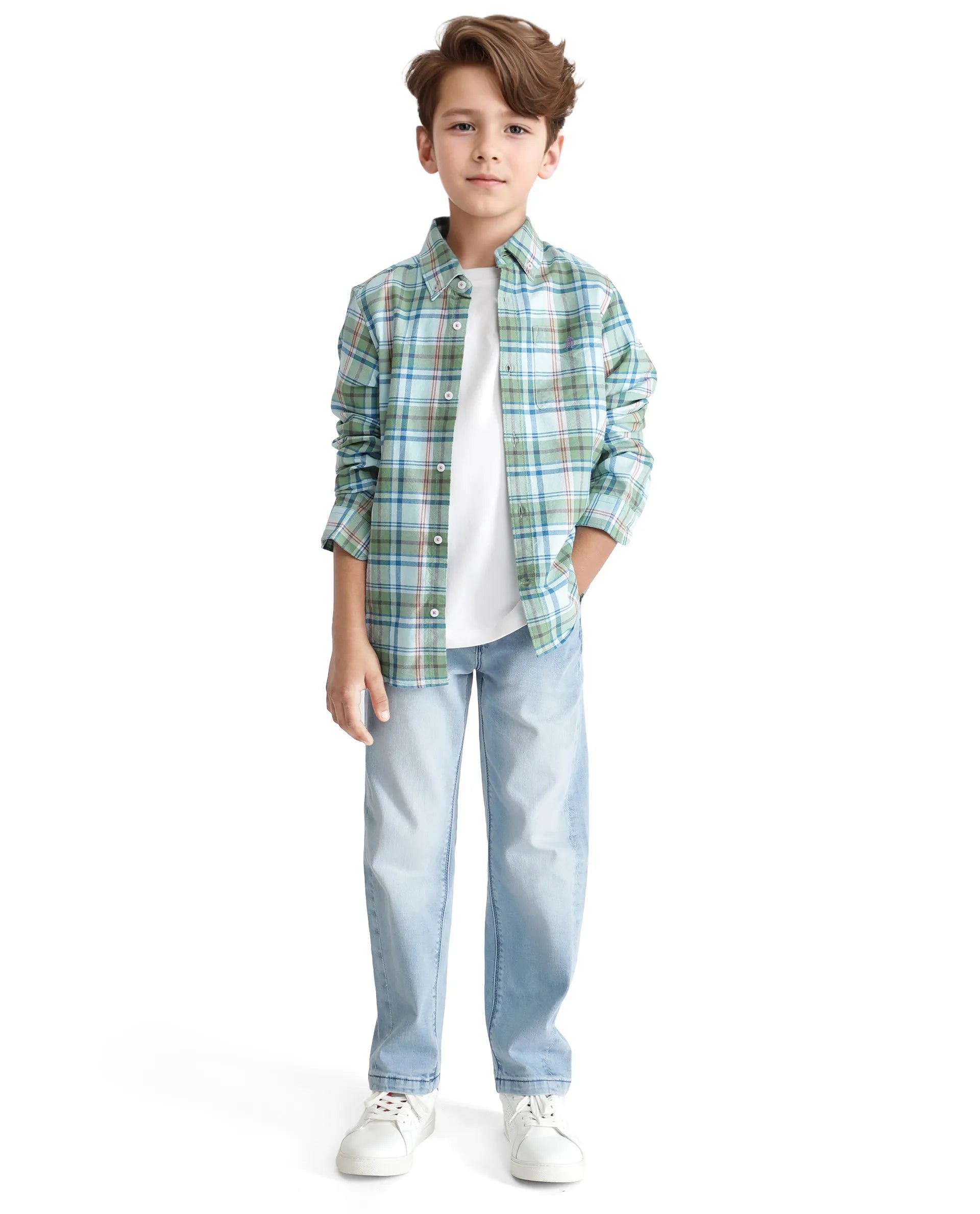 Rare Ones Kids Nes Green Cotton Full Sleeves Button Down Regular Fit Checked Shirt