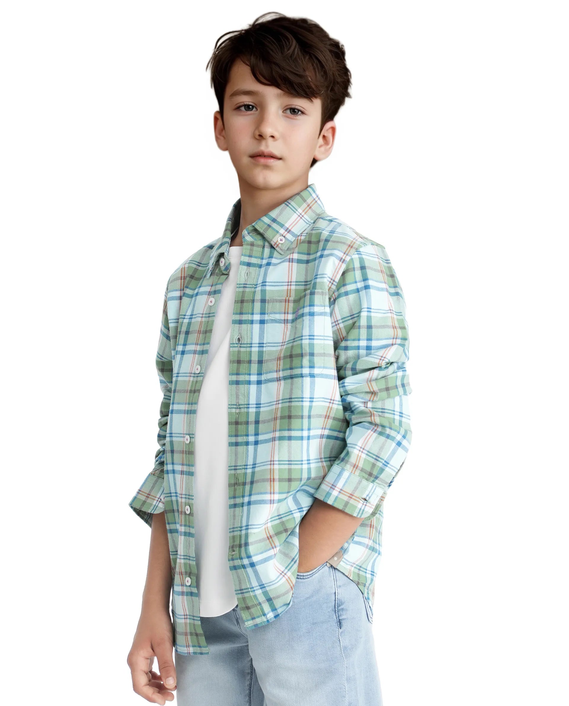 Rare Ones Kids Nes Green Cotton Full Sleeves Button Down Regular Fit Checked Shirt