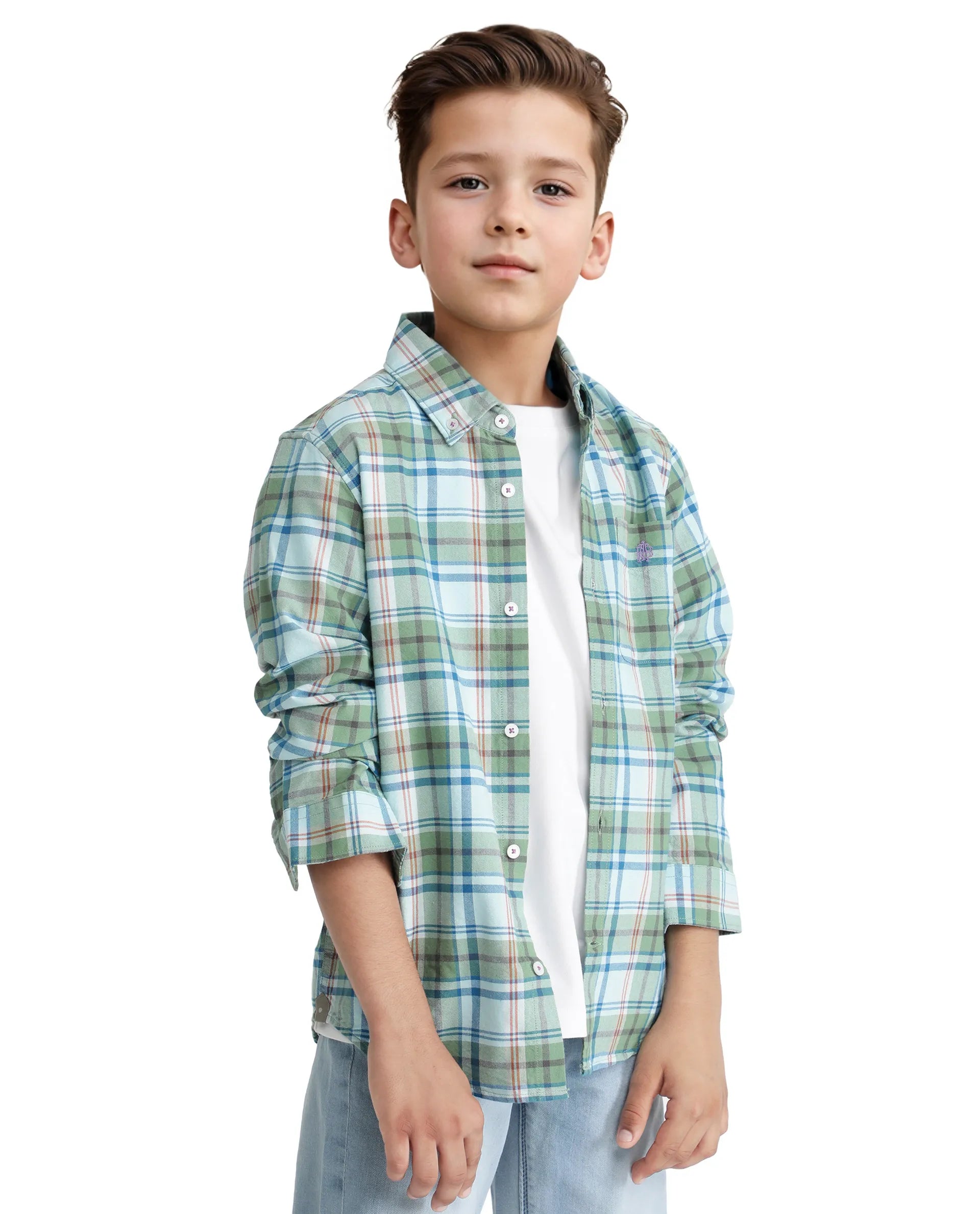 Rare Ones Kids Nes Green Cotton Full Sleeves Button Down Regular Fit Checked Shirt