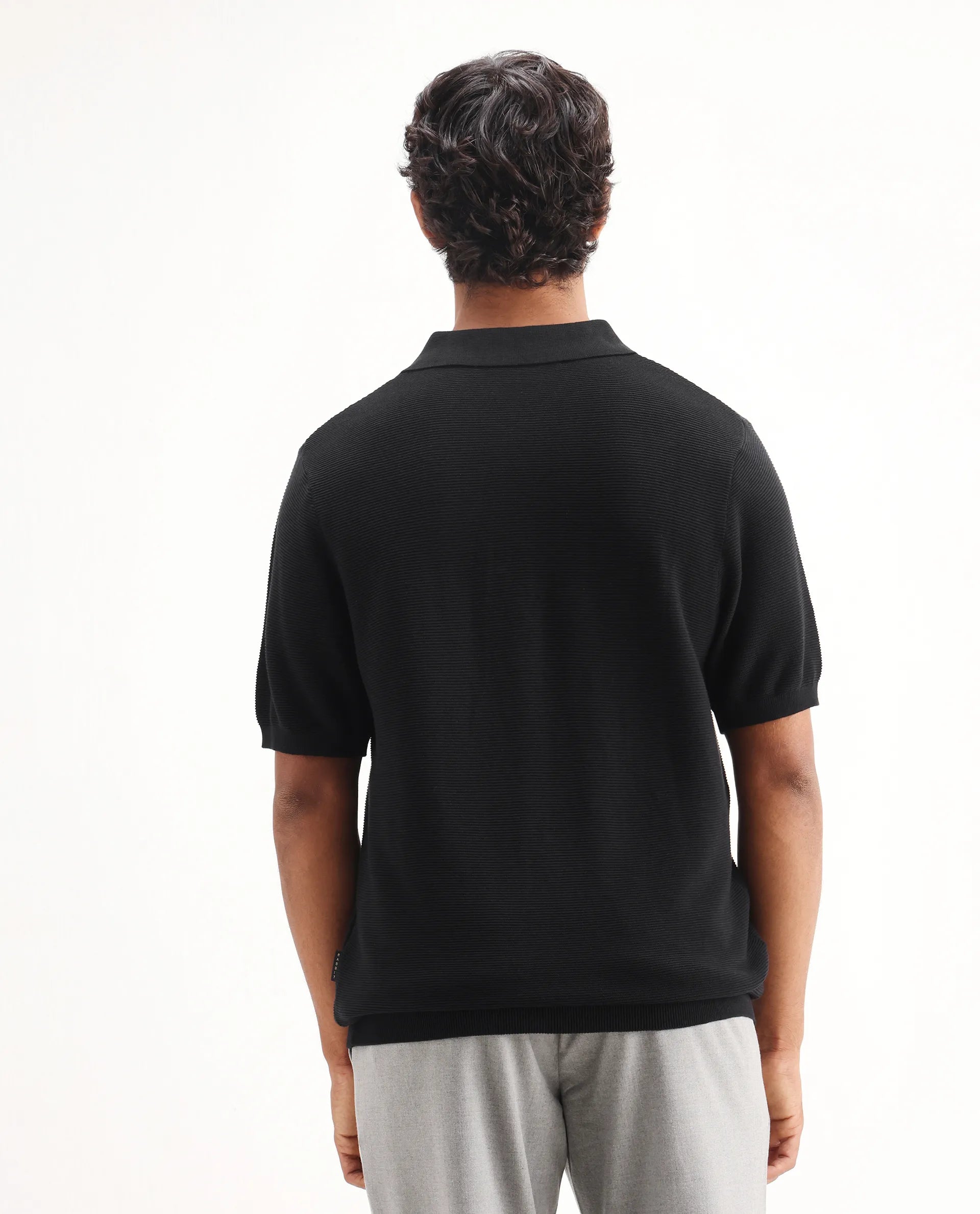 Rare Rabbit Men's Nett Black Cotton Plain Regular Fit Half Sleeve Polo
