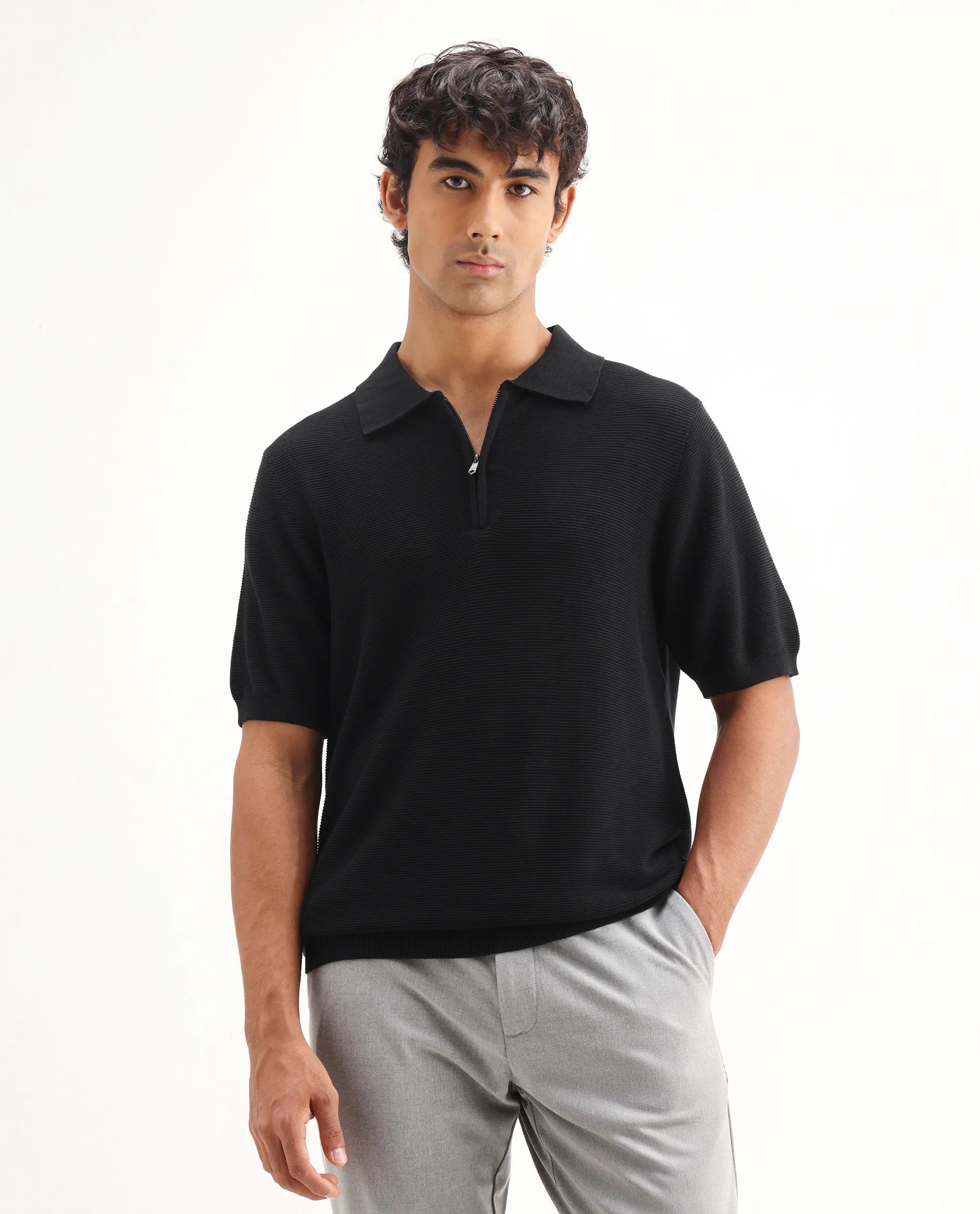 Rare Rabbit Men's Nett Black Cotton Plain Regular Fit Half Sleeve Polo