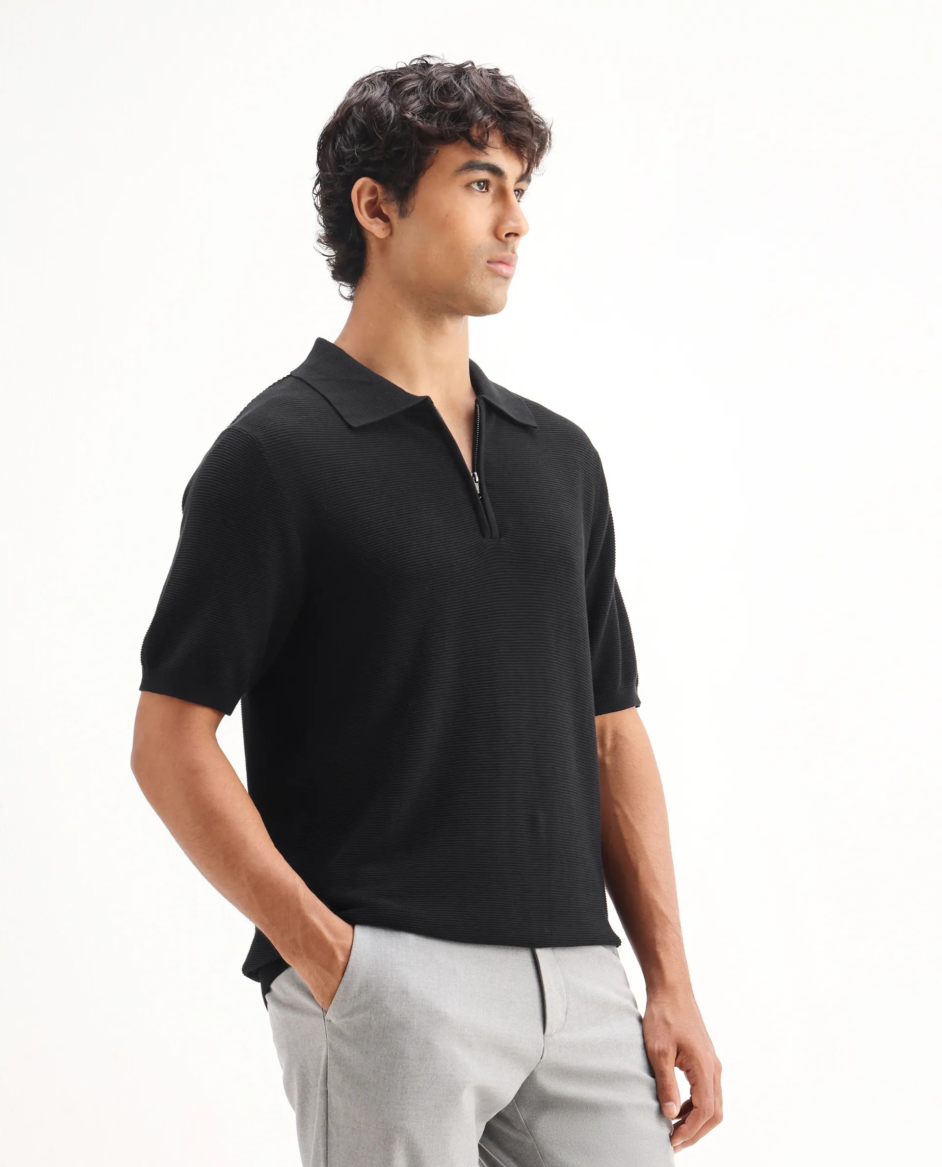 Rare Rabbit Men's Nett Black Cotton Plain Regular Fit Half Sleeve Polo