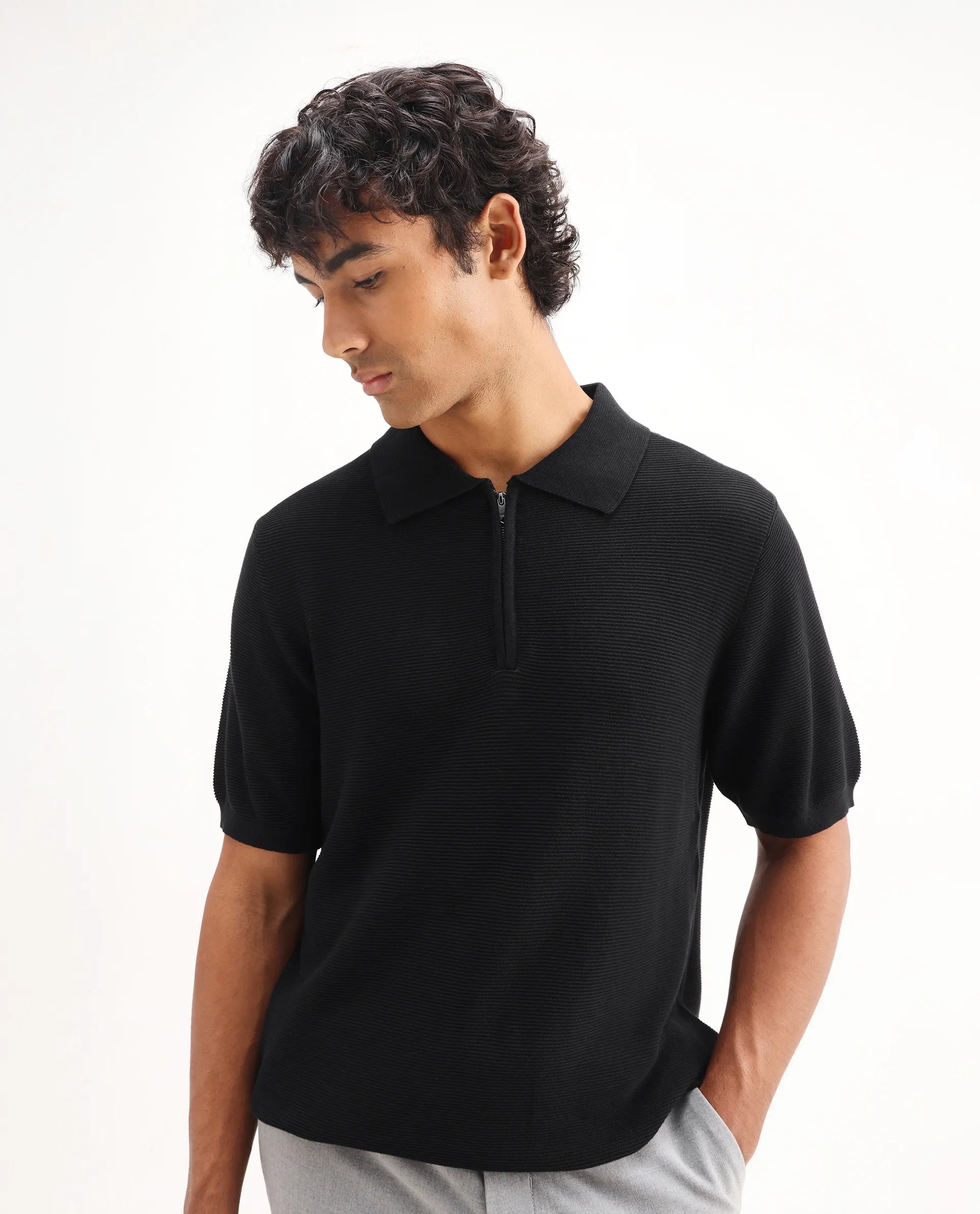 Rare Rabbit Men's Nett Black Cotton Plain Regular Fit Half Sleeve Polo
