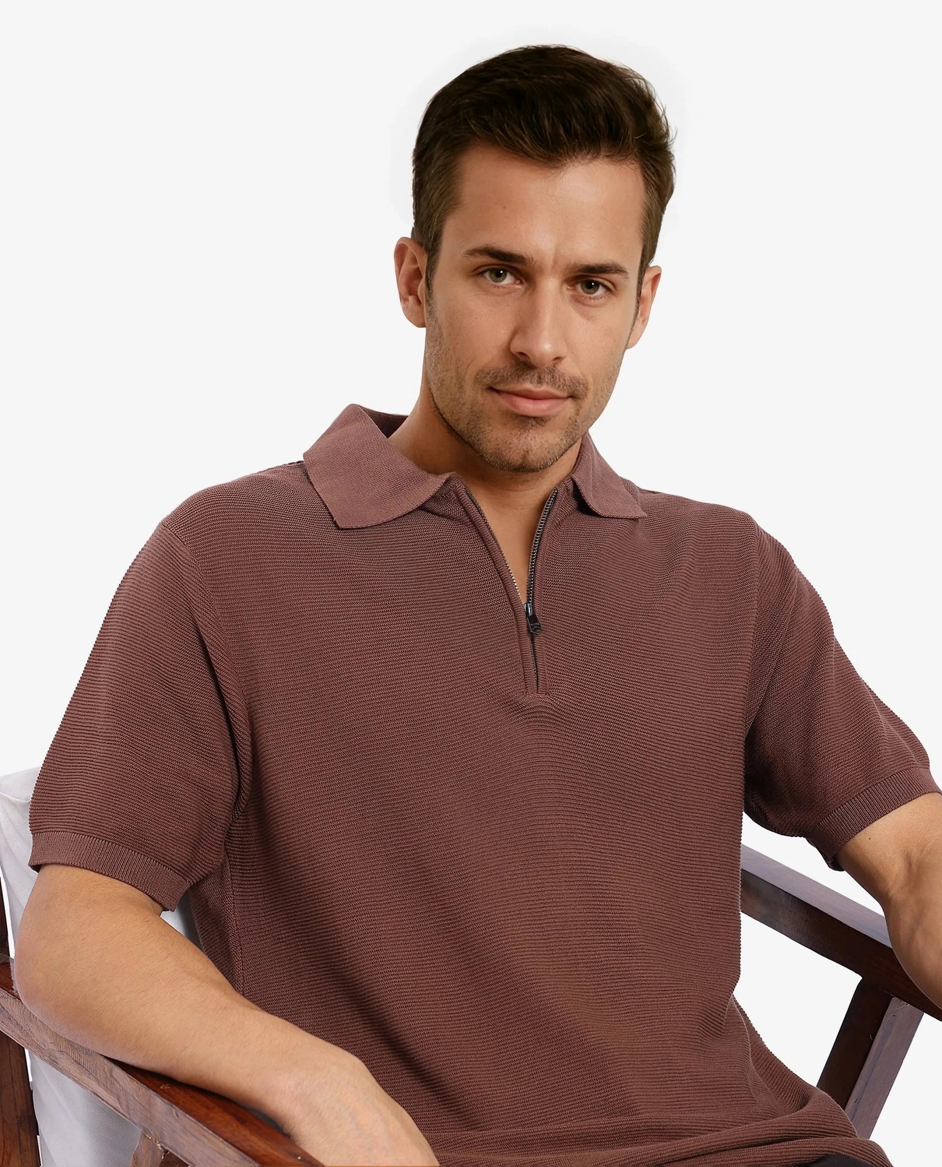 Rare Rabbit Men Nett Brown Short Sleeve Collared Collar Zipper Closure Flat Knit Textured Plain Polo