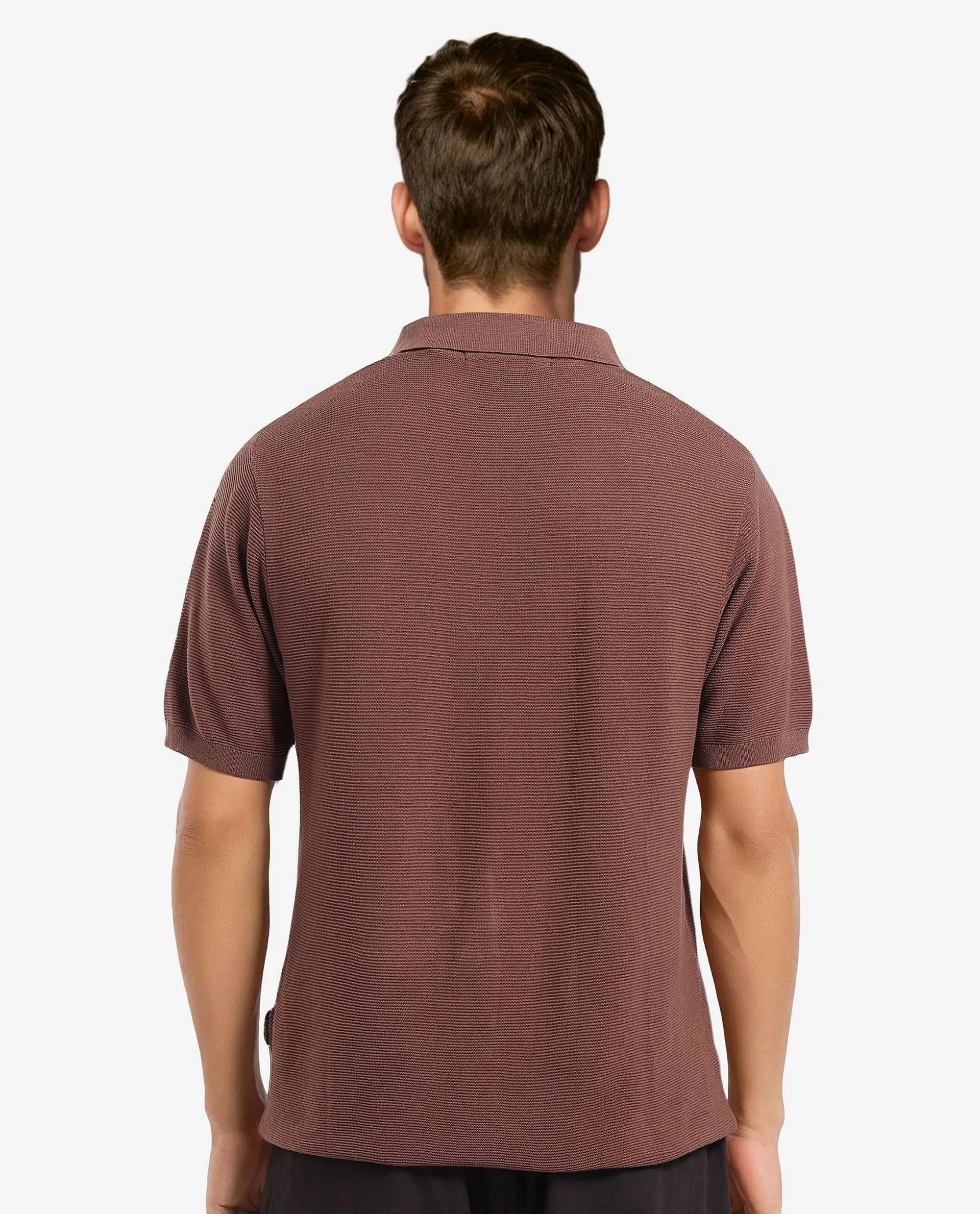 Rare Rabbit Men Nett Brown Short Sleeve Collared Collar Zipper Closure Flat Knit Textured Plain Polo