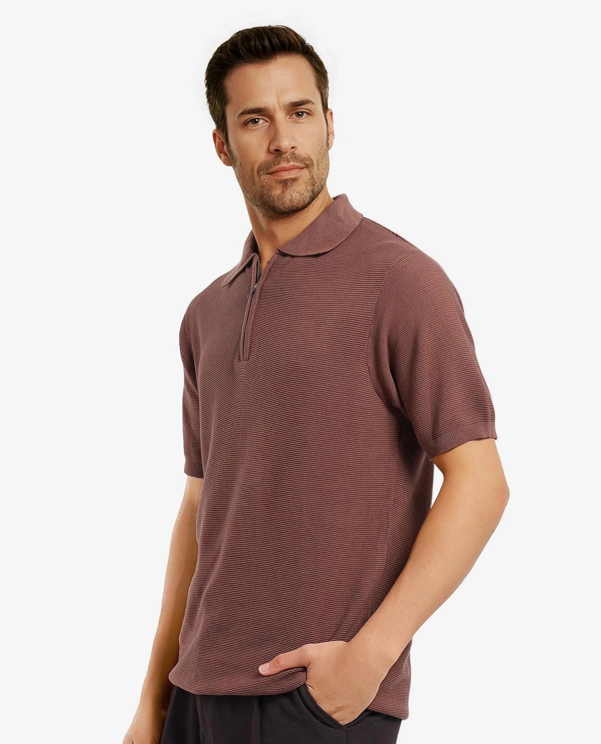 Rare Rabbit Men Nett Brown Short Sleeve Collared Collar Zipper Closure Flat Knit Textured Plain Polo