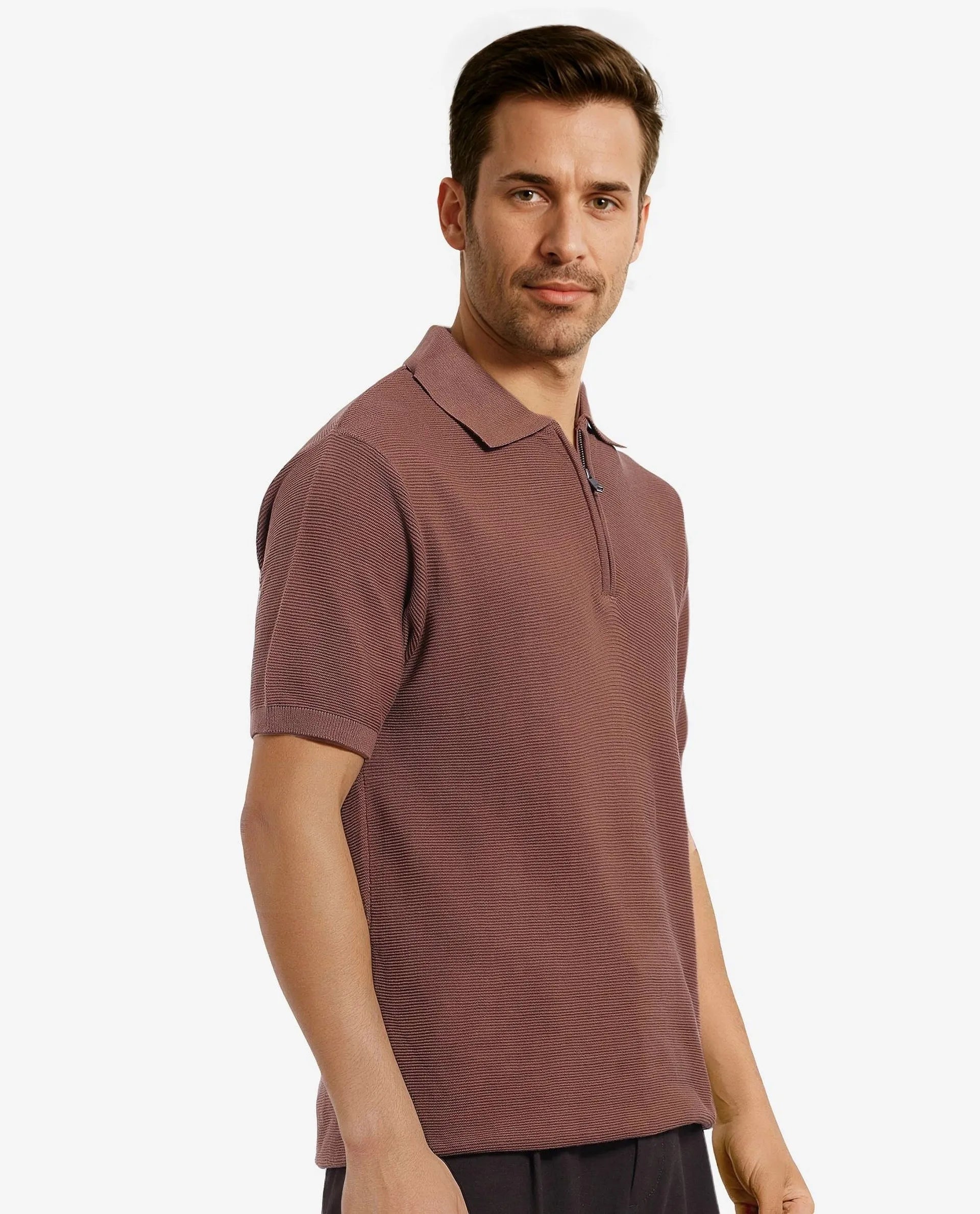 Rare Rabbit Men Nett Brown Short Sleeve Collared Collar Zipper Closure Flat Knit Textured Plain Polo