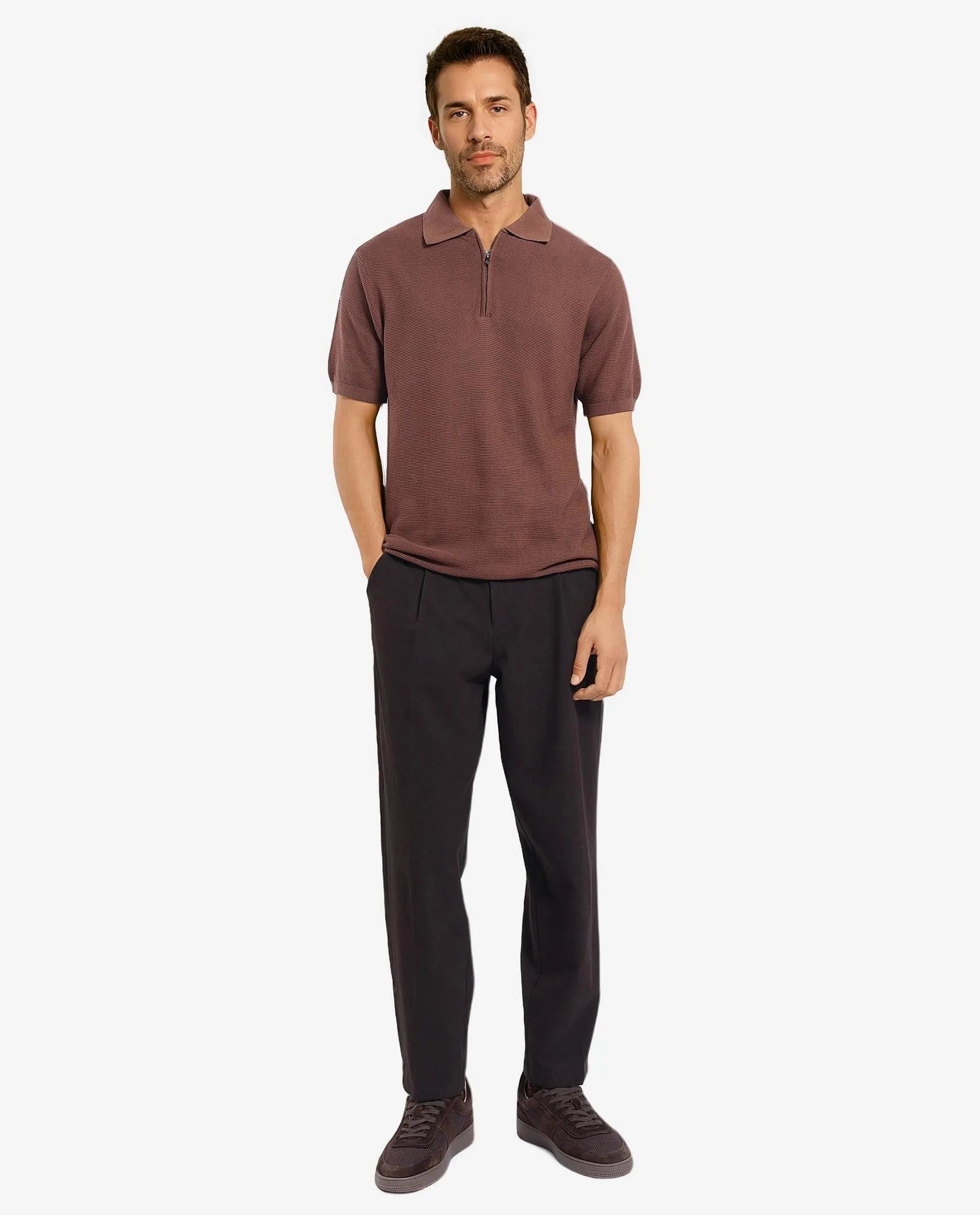 Rare Rabbit Men Nett Brown Short Sleeve Collared Collar Zipper Closure Flat Knit Textured Plain Polo