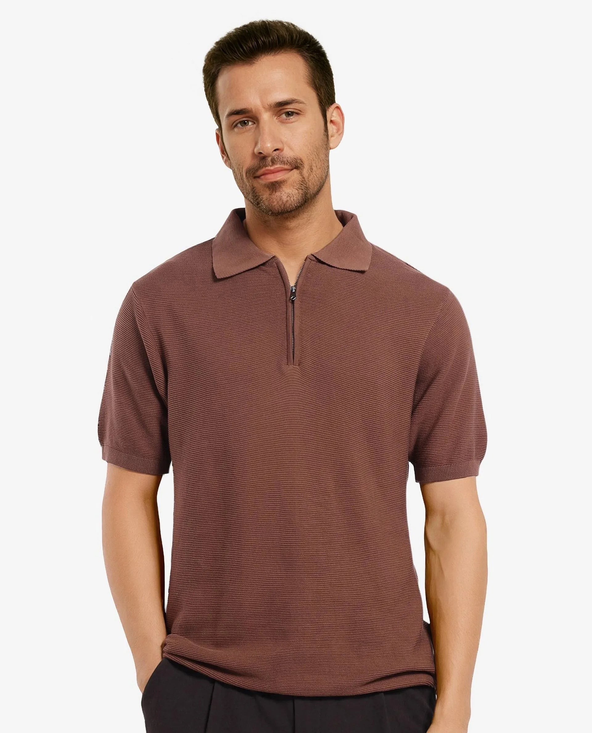 Rare Rabbit Men Nett Brown Short Sleeve Collared Collar Zipper Closure Flat Knit Textured Plain Polo