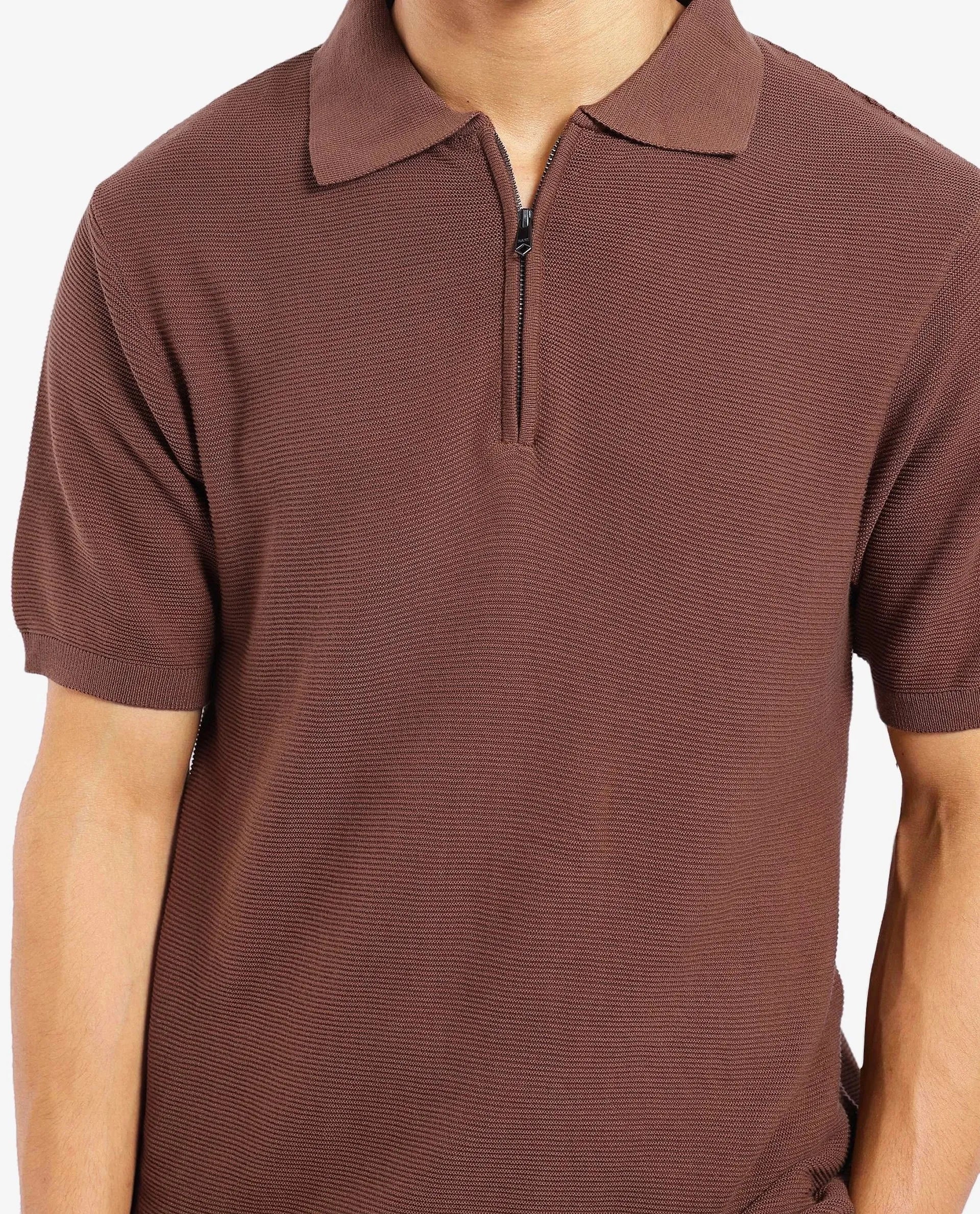 Rare Rabbit Men Nett Brown Short Sleeve Collared Collar Zipper Closure Flat Knit Textured Plain Polo