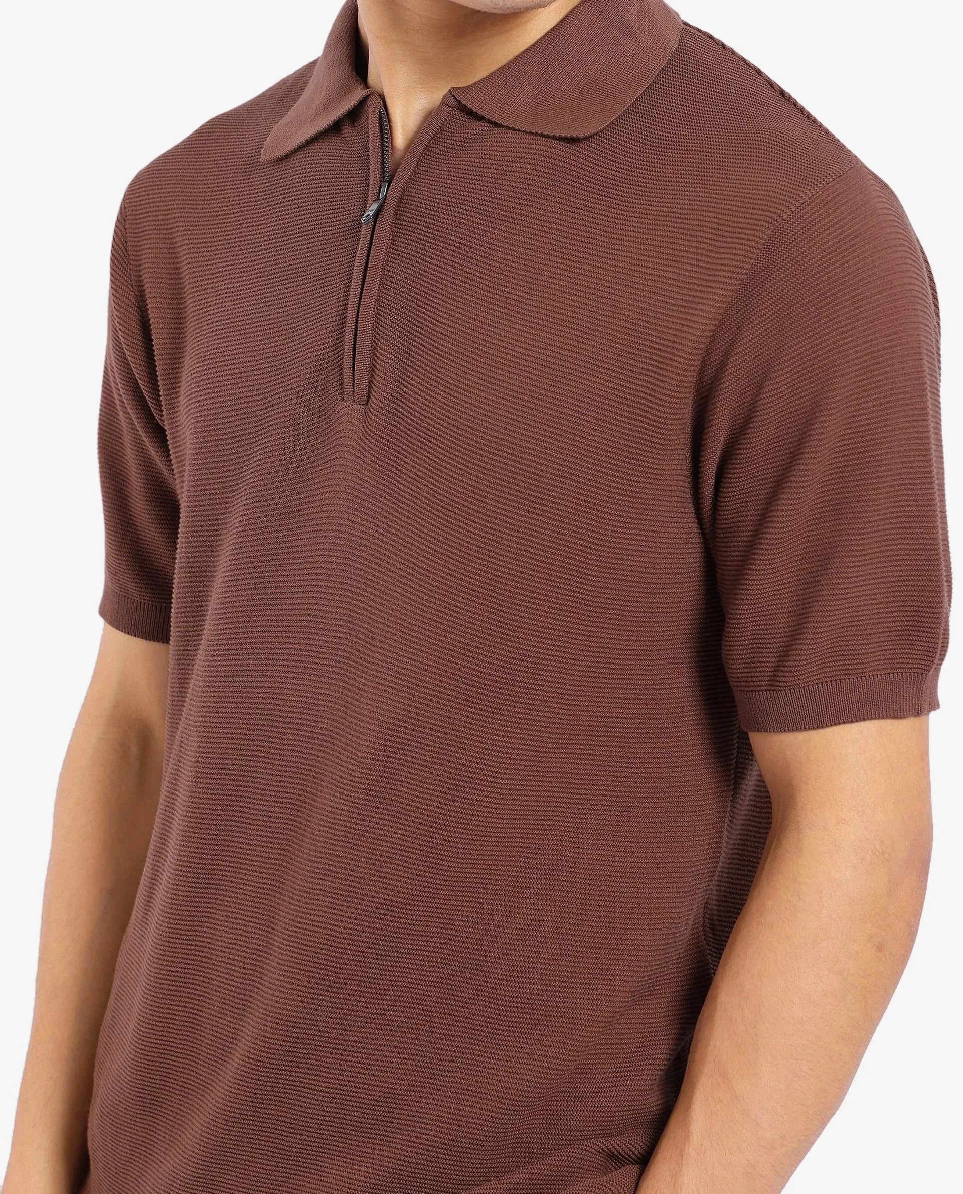 Rare Rabbit Men Nett Brown Short Sleeve Collared Collar Zipper Closure Flat Knit Textured Plain Polo