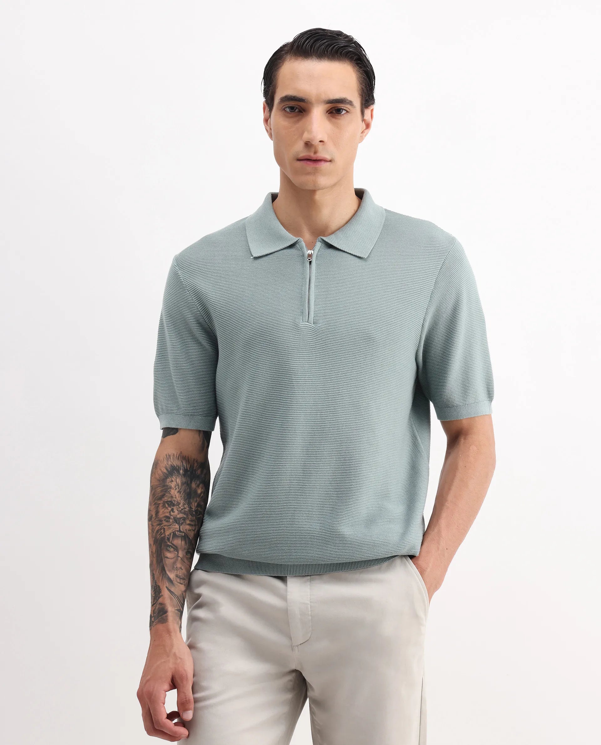 Rare Rabbit Men's Nett Dusky Green Cotton Plain Regular Fit Half Sleeve Polo