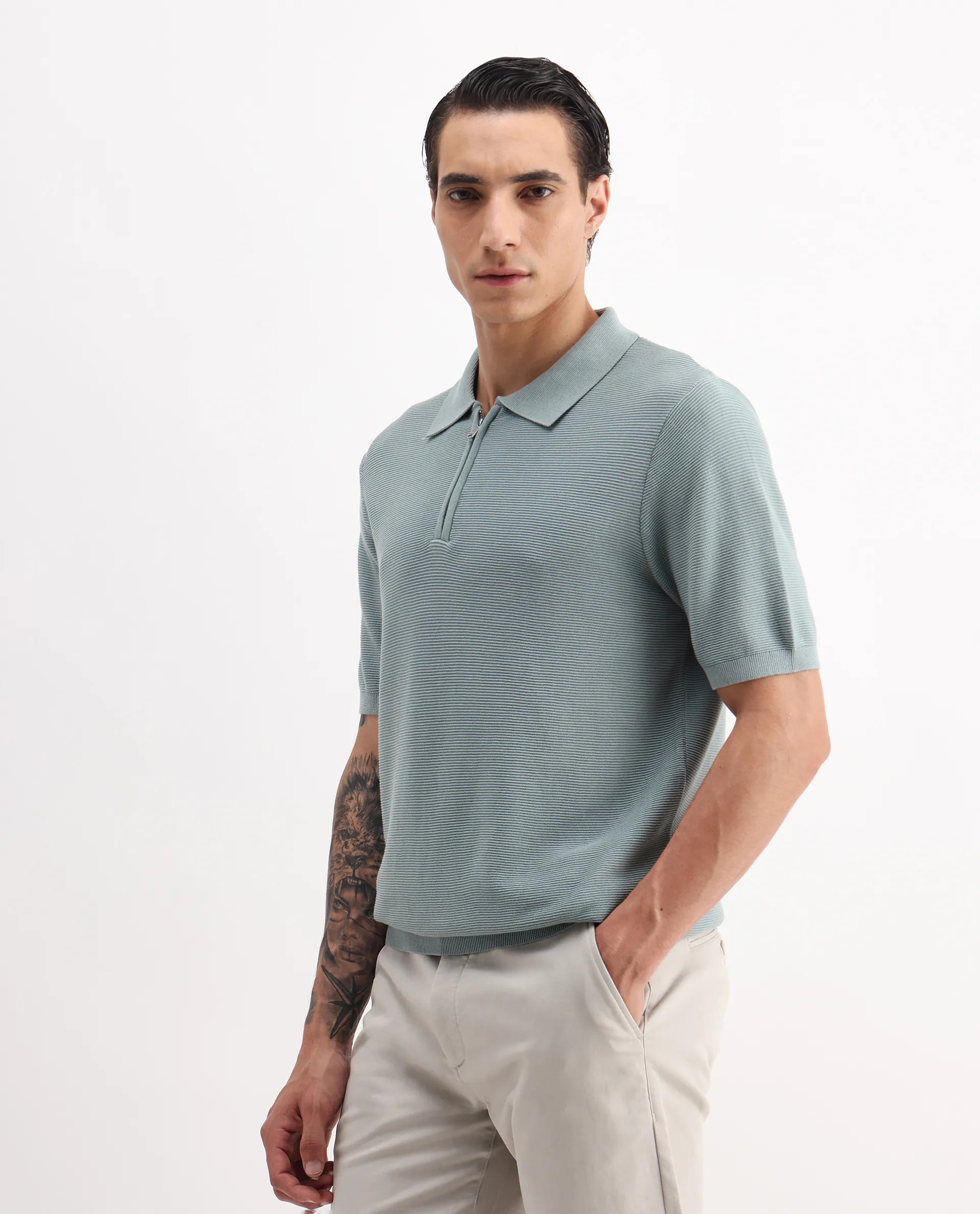 Rare Rabbit Men's Nett Dusky Green Cotton Plain Regular Fit Half Sleeve Polo