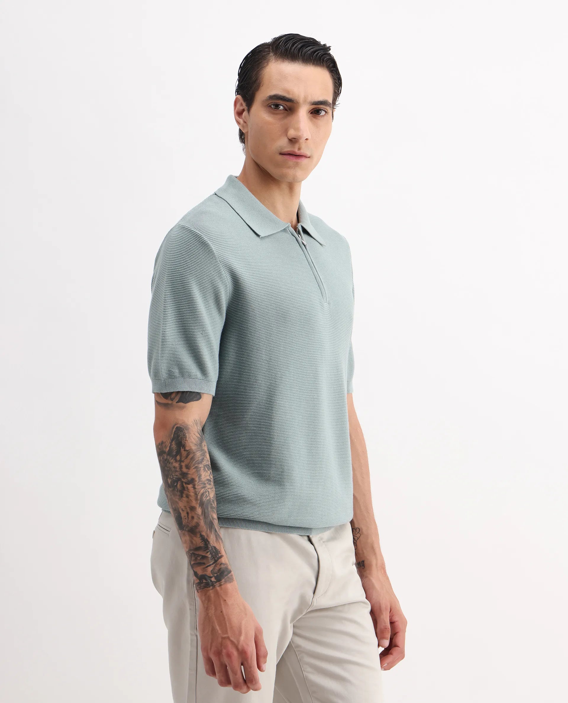 Rare Rabbit Men's Nett Dusky Green Cotton Plain Regular Fit Half Sleeve Polo