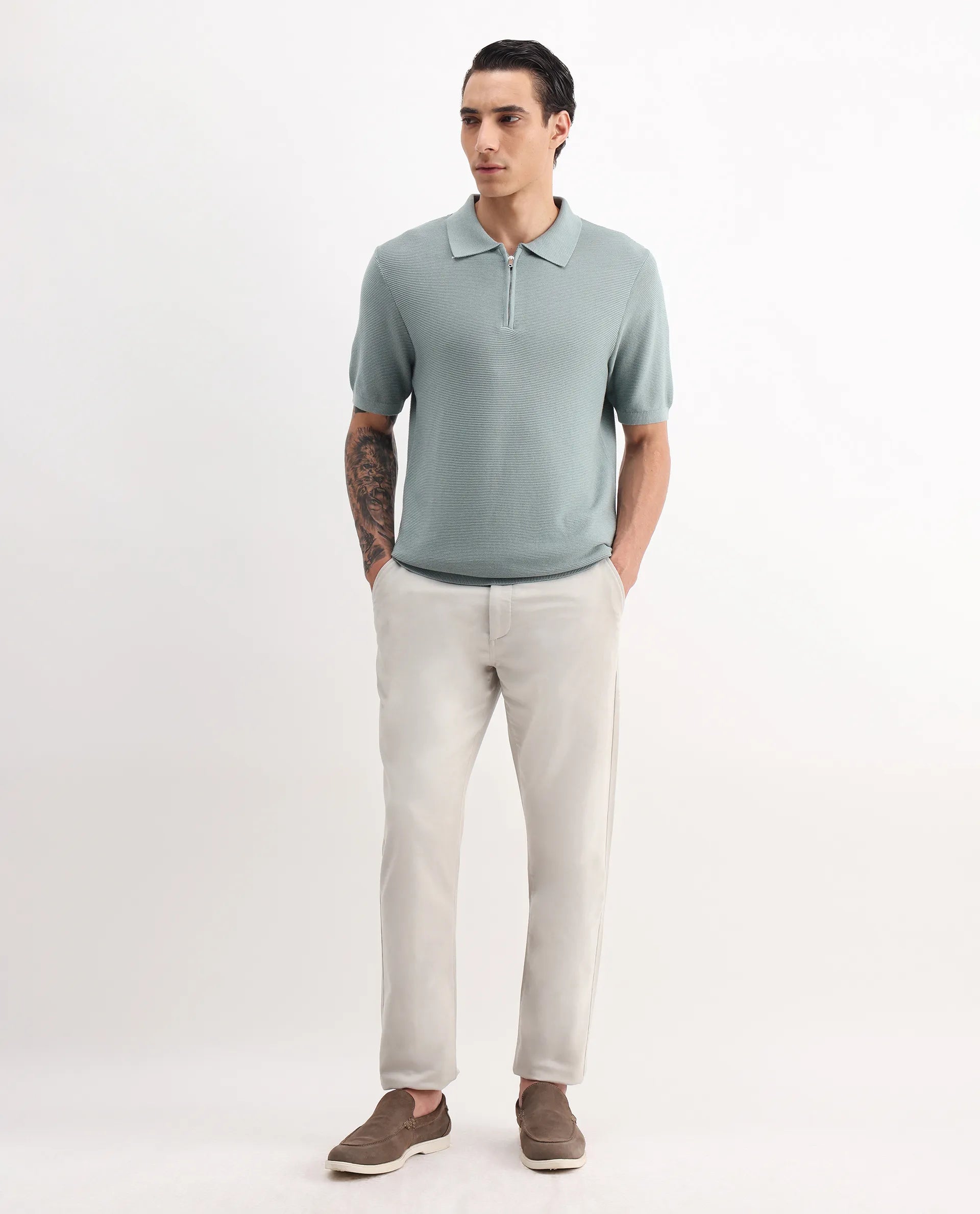 Rare Rabbit Men's Nett Dusky Green Cotton Plain Regular Fit Half Sleeve Polo