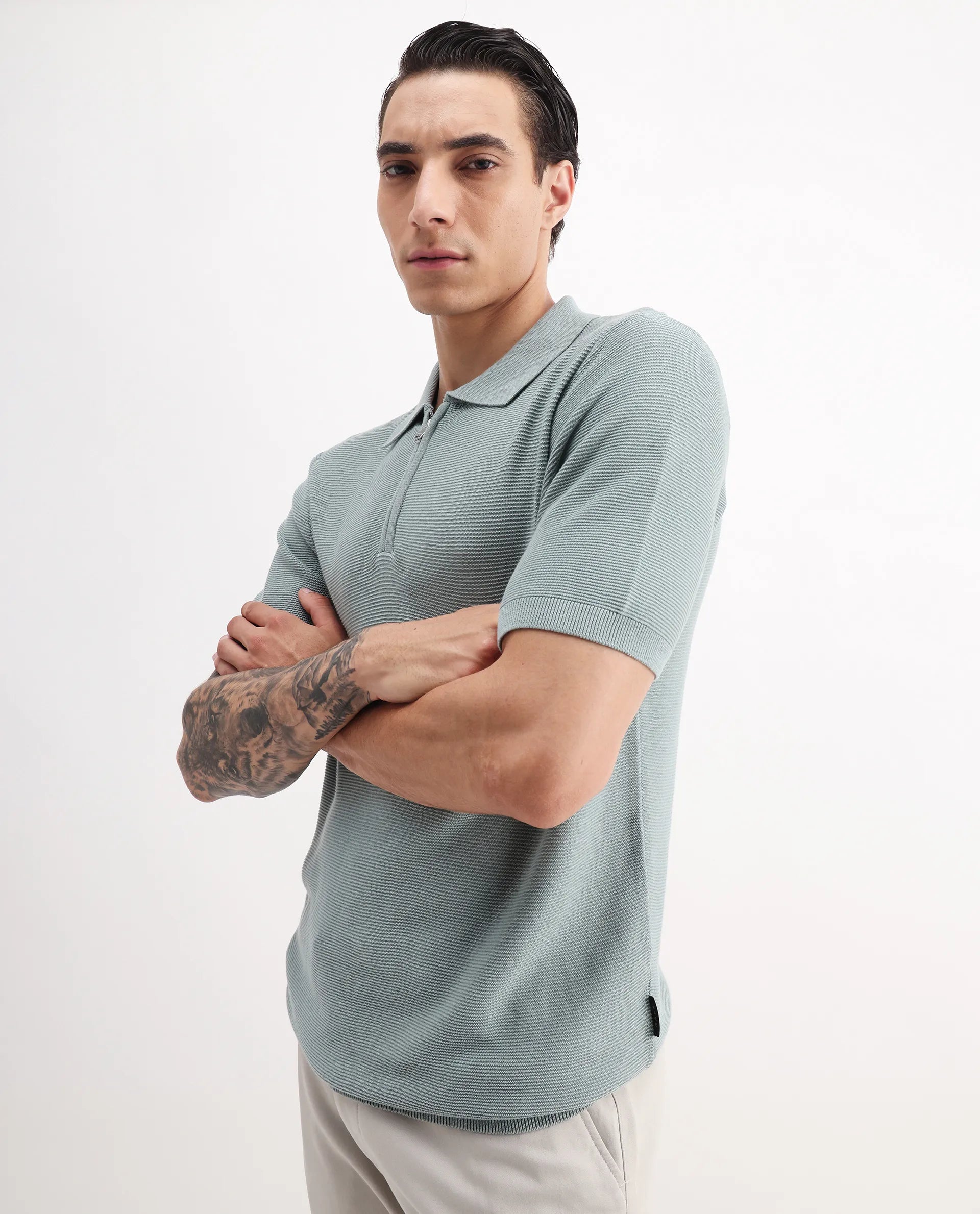 Rare Rabbit Men's Nett Dusky Green Cotton Plain Regular Fit Half Sleeve Polo