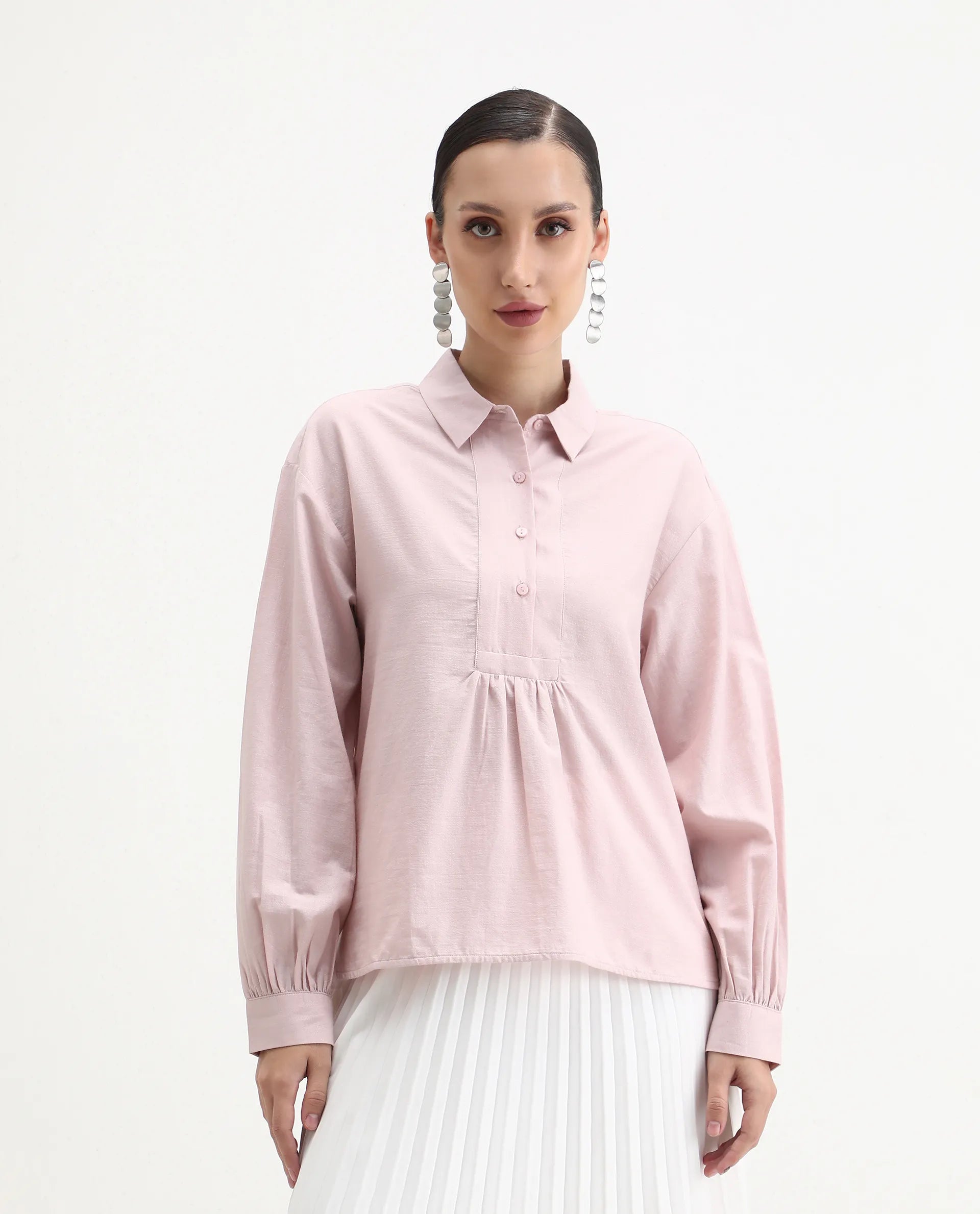 Rareism Women's Netto Pastel Pink Cotton Bishop Sleeve Collared Neck Relaxed Fit Plain Top