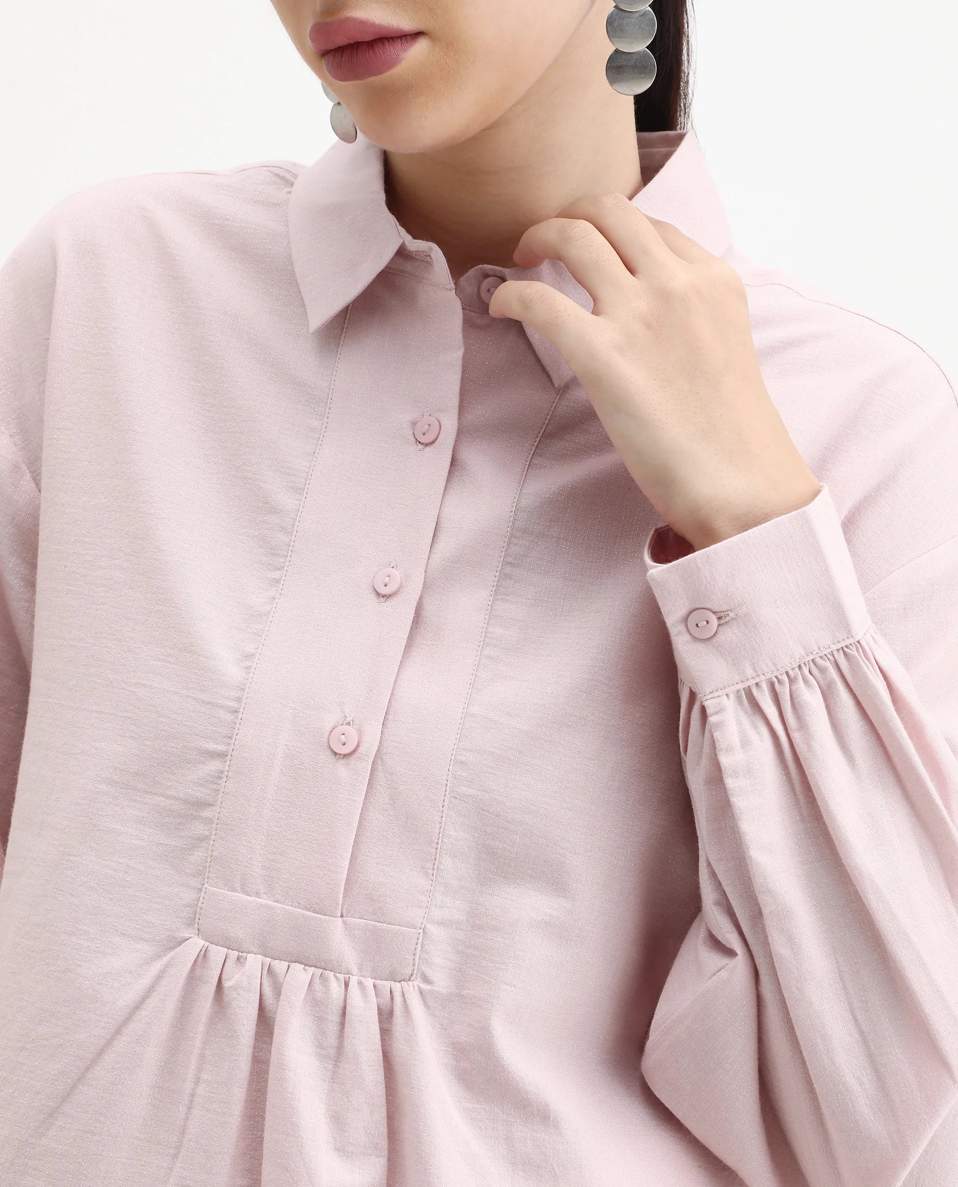Rareism Women's Netto Pastel Pink Cotton Bishop Sleeve Collared Neck Relaxed Fit Plain Top