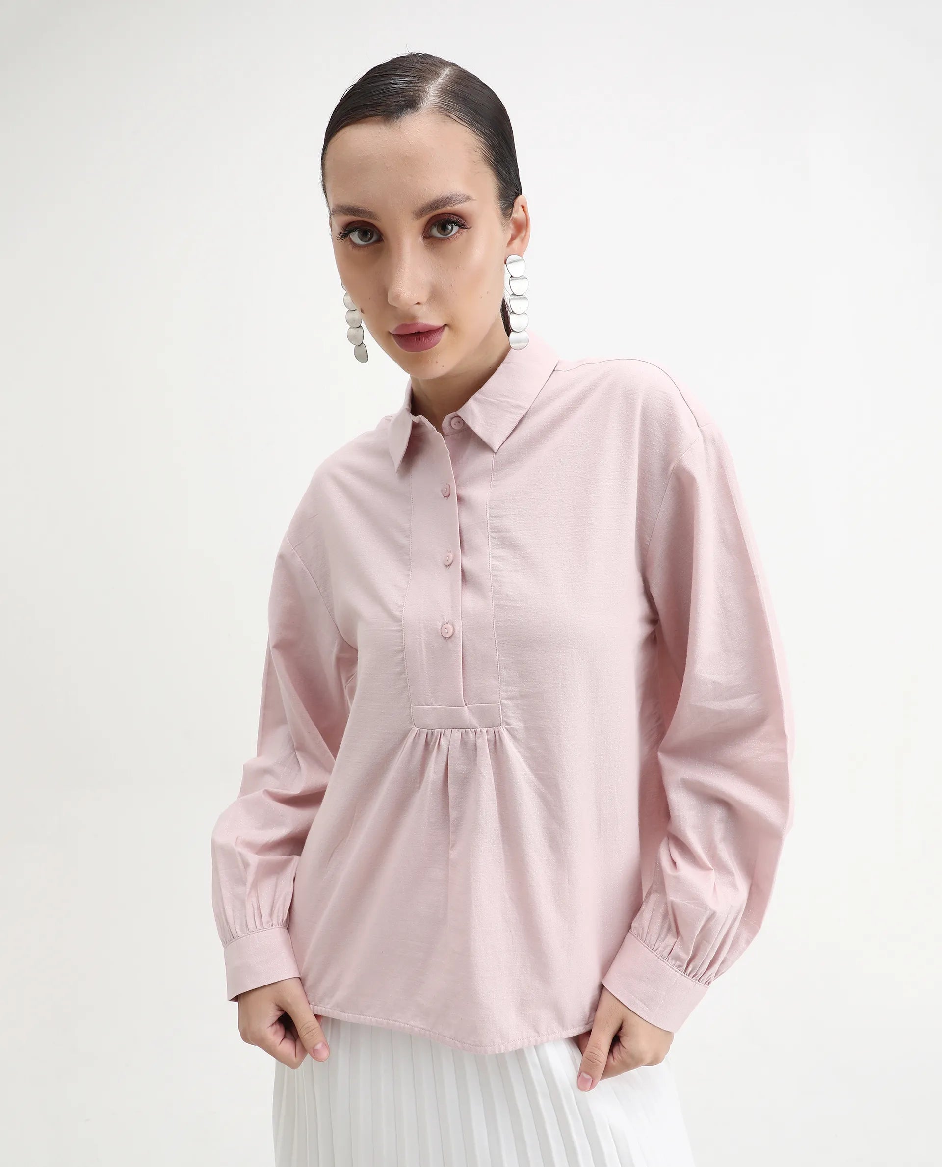 Rareism Women's Netto Pastel Pink Cotton Bishop Sleeve Collared Neck Relaxed Fit Plain Top