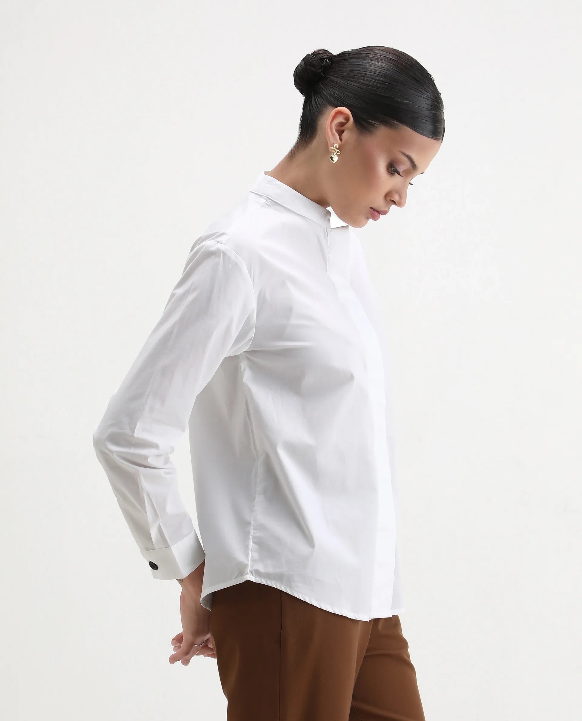 Rareism Women's Neuma White Cotton High Neck Plain Regular Fit Shirt