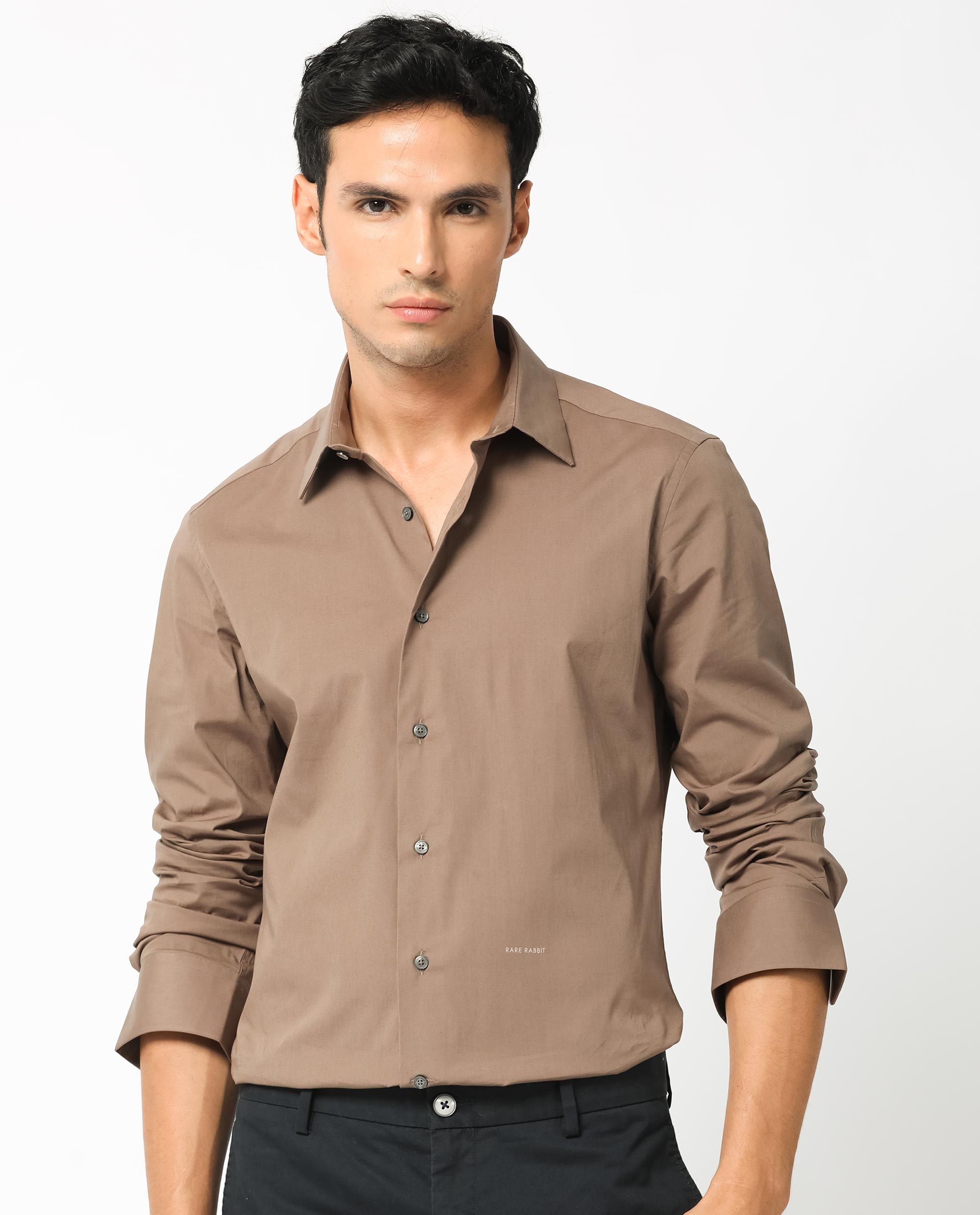 Rare Rabbit Men's Neutonss Brown Full Sleeve Collared Neck Regular Fit Plain Formal Shirt