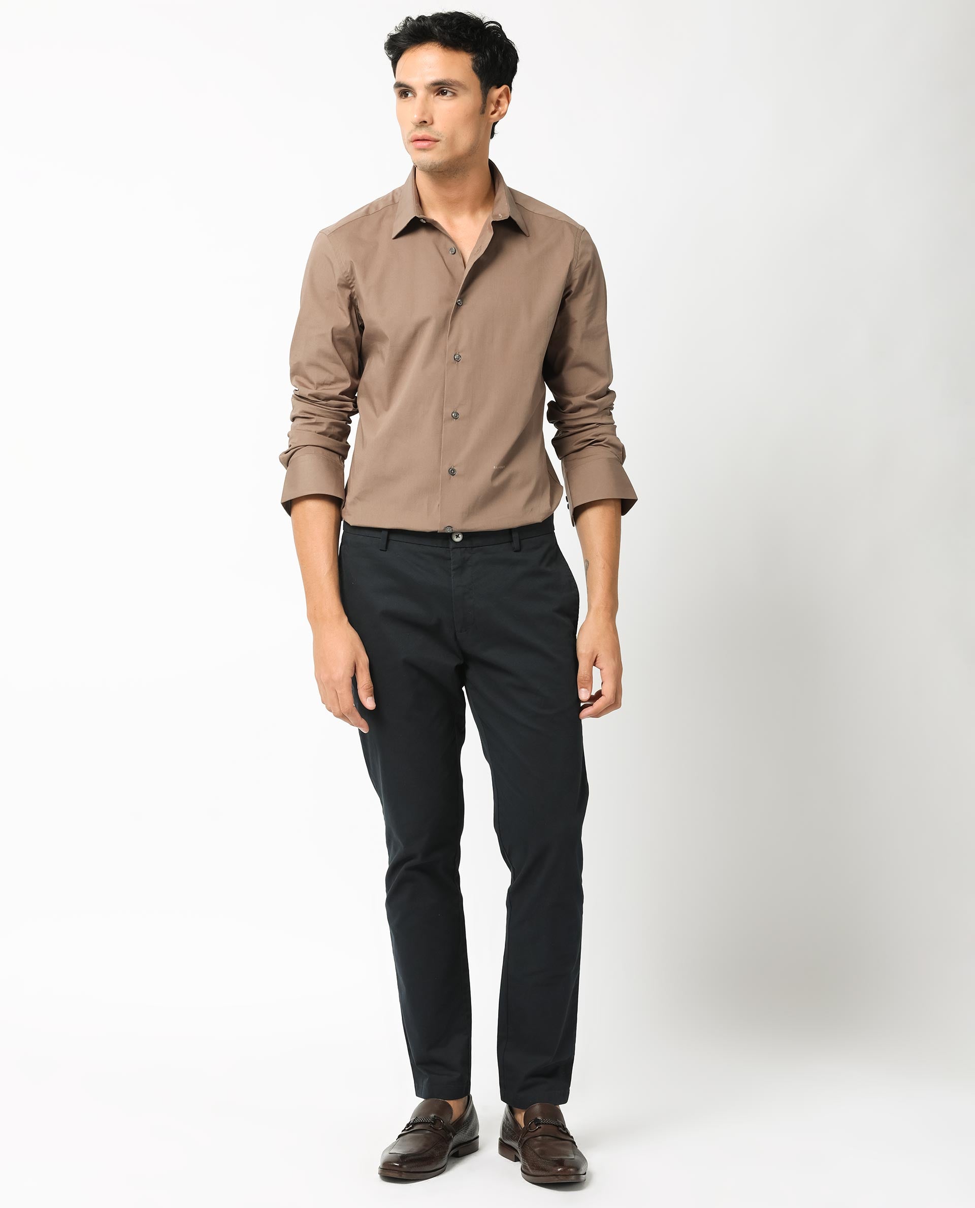 Rare Rabbit Men's Neutonss Brown Full Sleeve Collared Neck Regular Fit Plain Formal Shirt