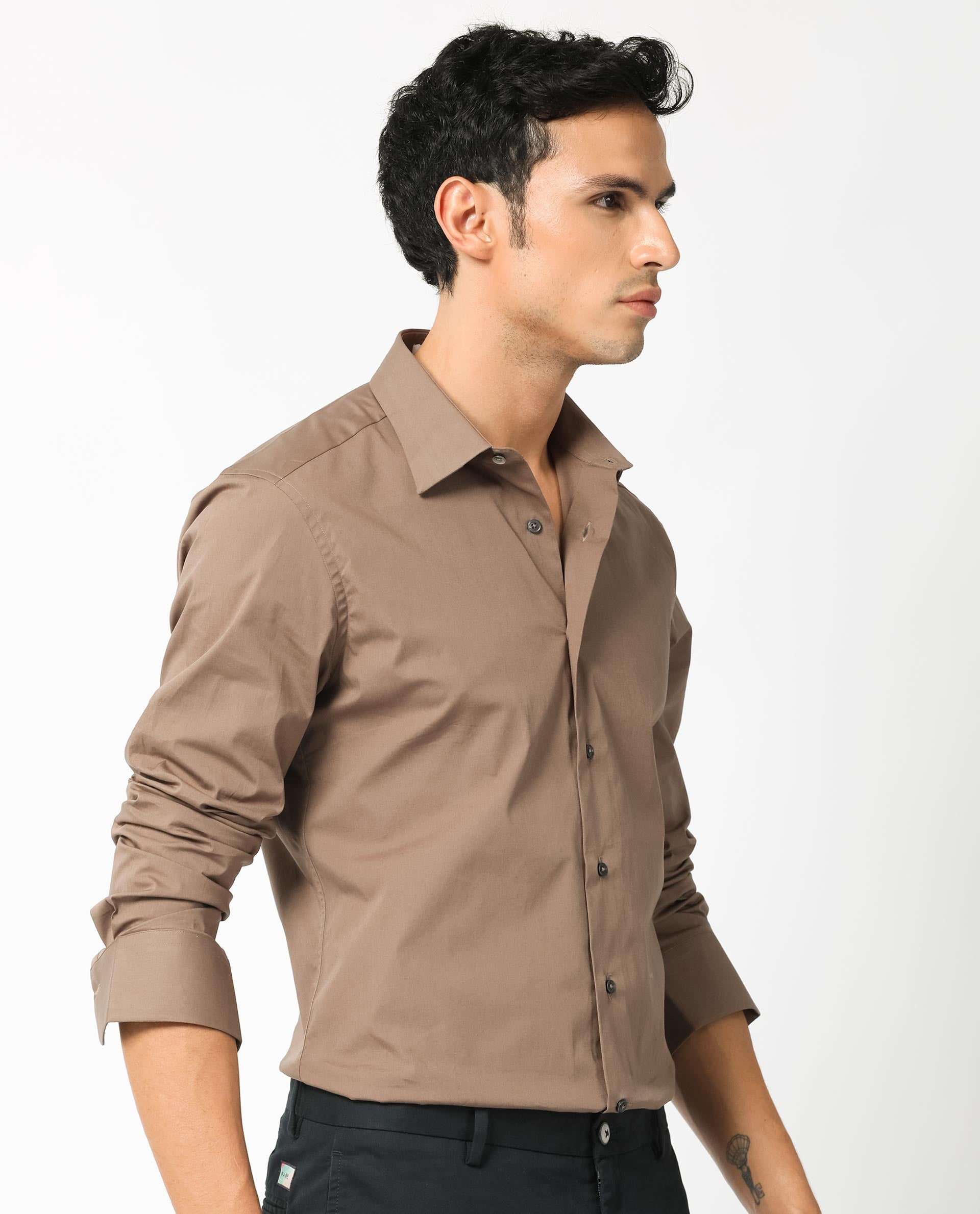 Rare Rabbit Men's Neutonss Brown Full Sleeve Collared Neck Regular Fit Plain Formal Shirt