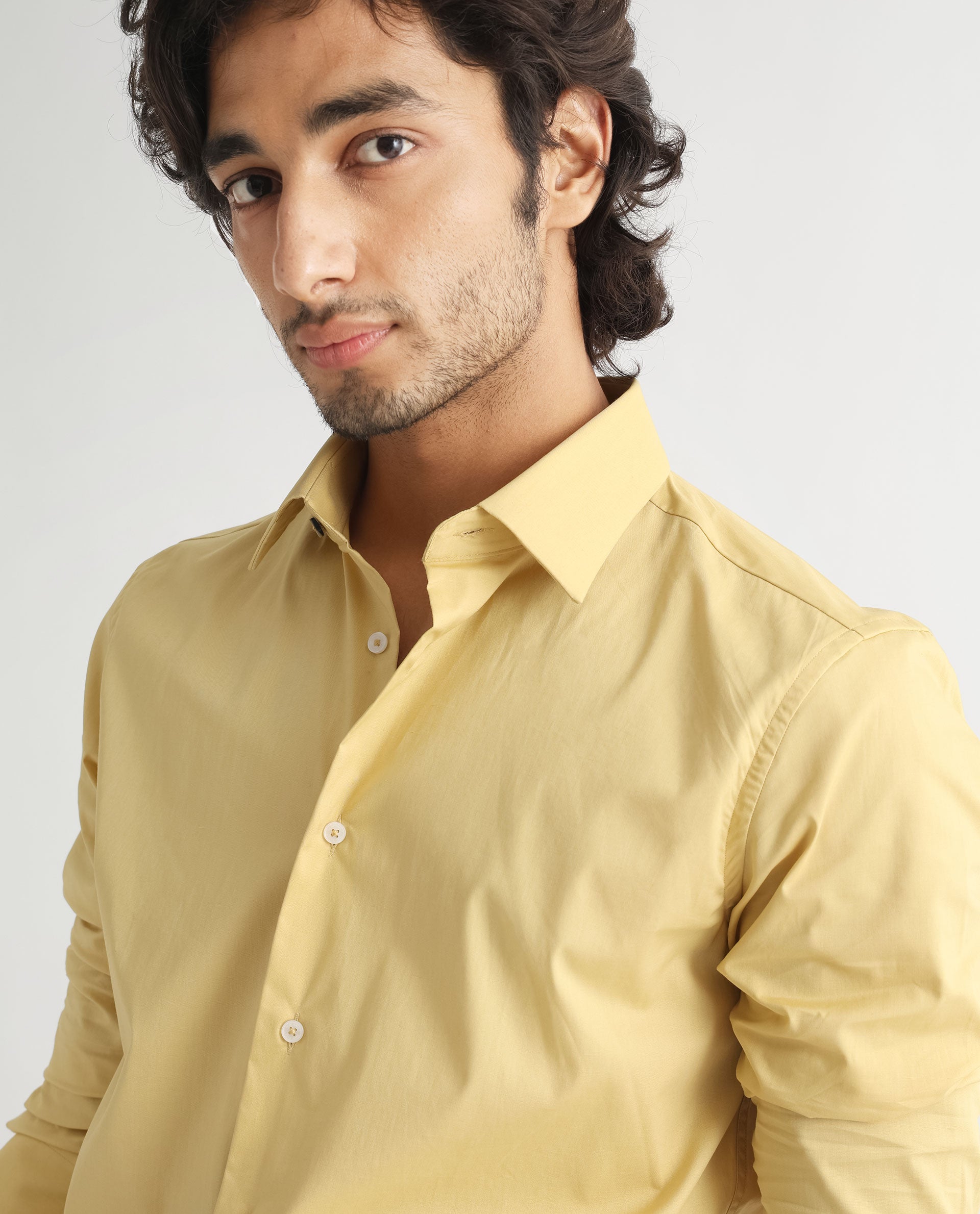 Rare Rabbit Men's Neutons Light Yellow Cotton Lycra Fabric Full Sleeves Solid Shirt