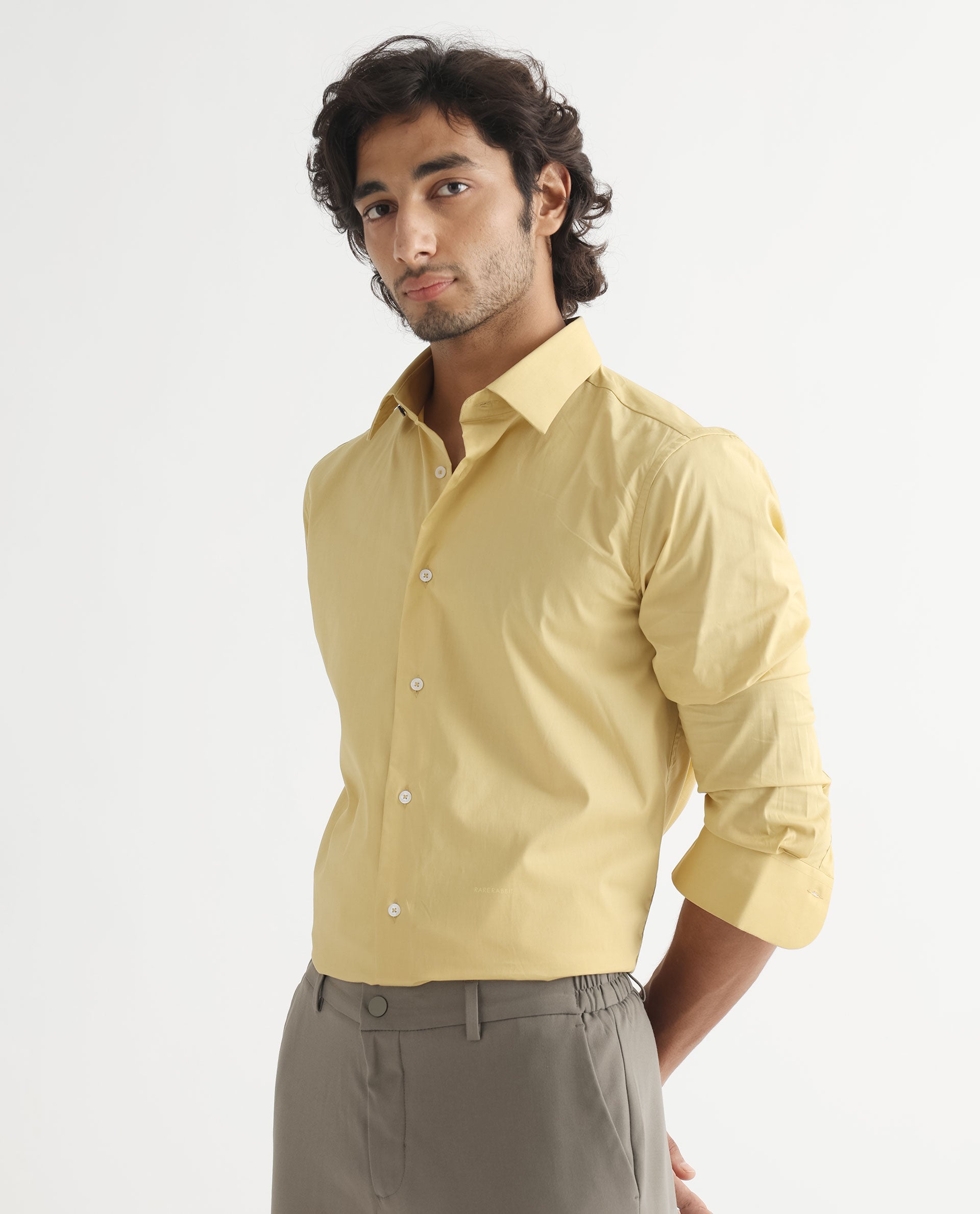 Rare Rabbit Men's Neutons Light Yellow Cotton Lycra Fabric Full Sleeves Solid Shirt