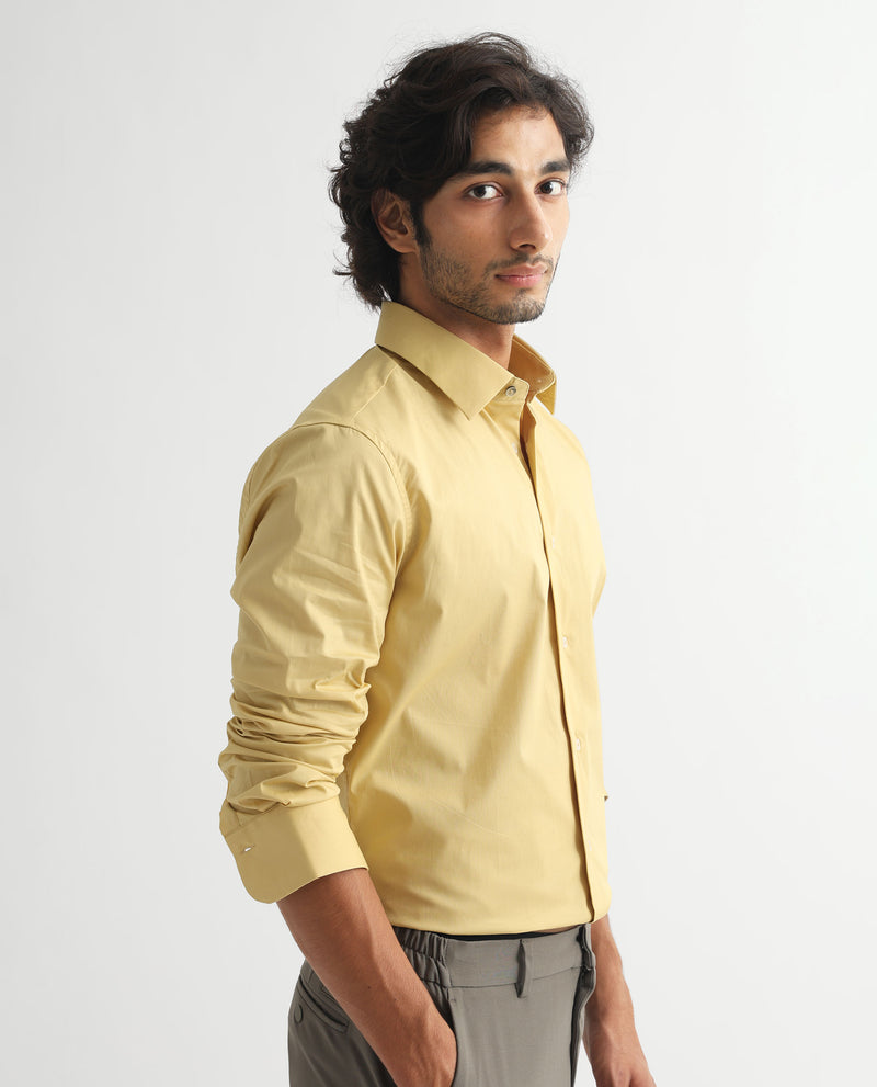 Rare Rabbit Men's Neutons Light Yellow Cotton Lycra Fabric Full Sleeves Solid Shirt