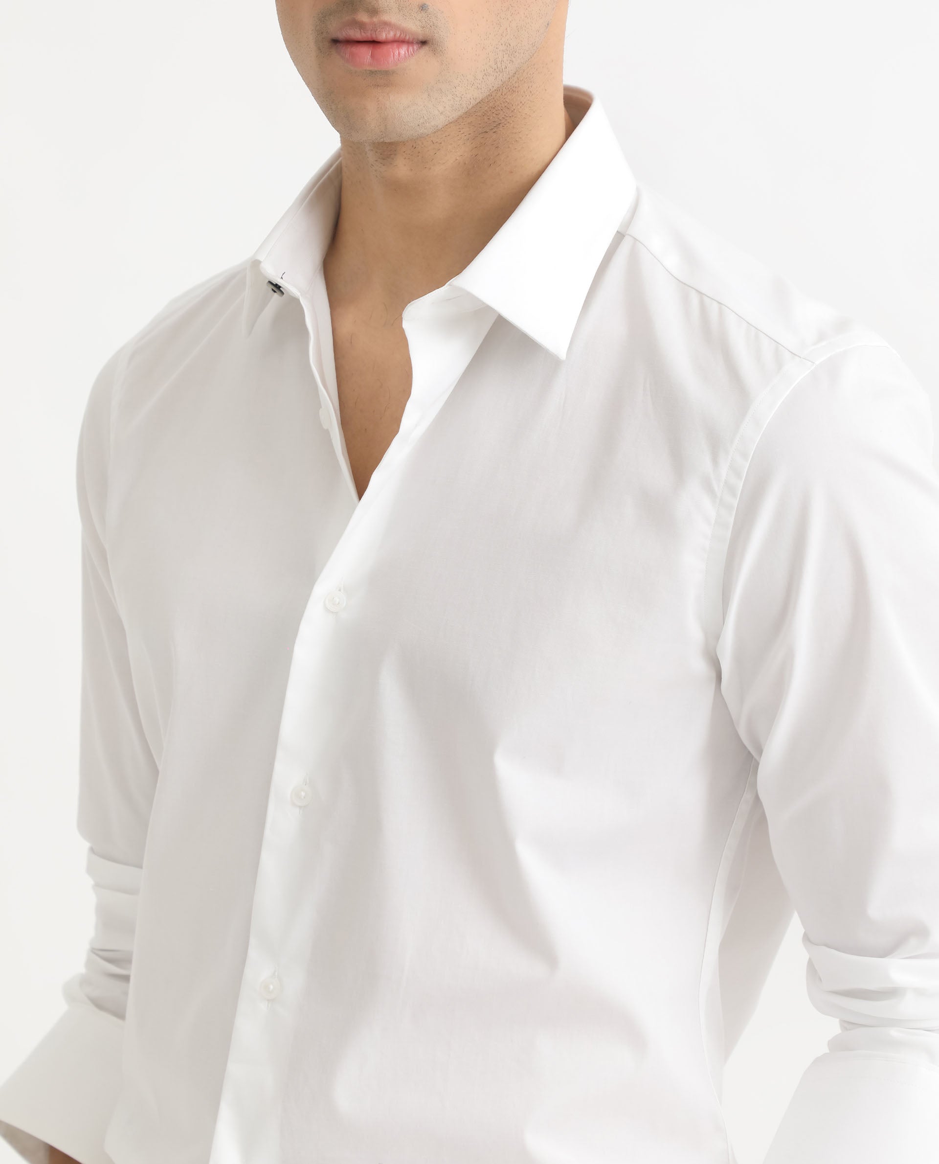 Rare Rabbit Men's Neutons White Cotton Lycra Fabric Full Sleeves Solid Shirt