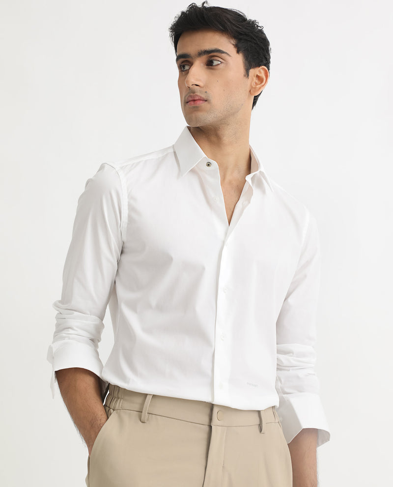Rare Rabbit Men's Neutons White Cotton Lycra Fabric Full Sleeves Solid Shirt