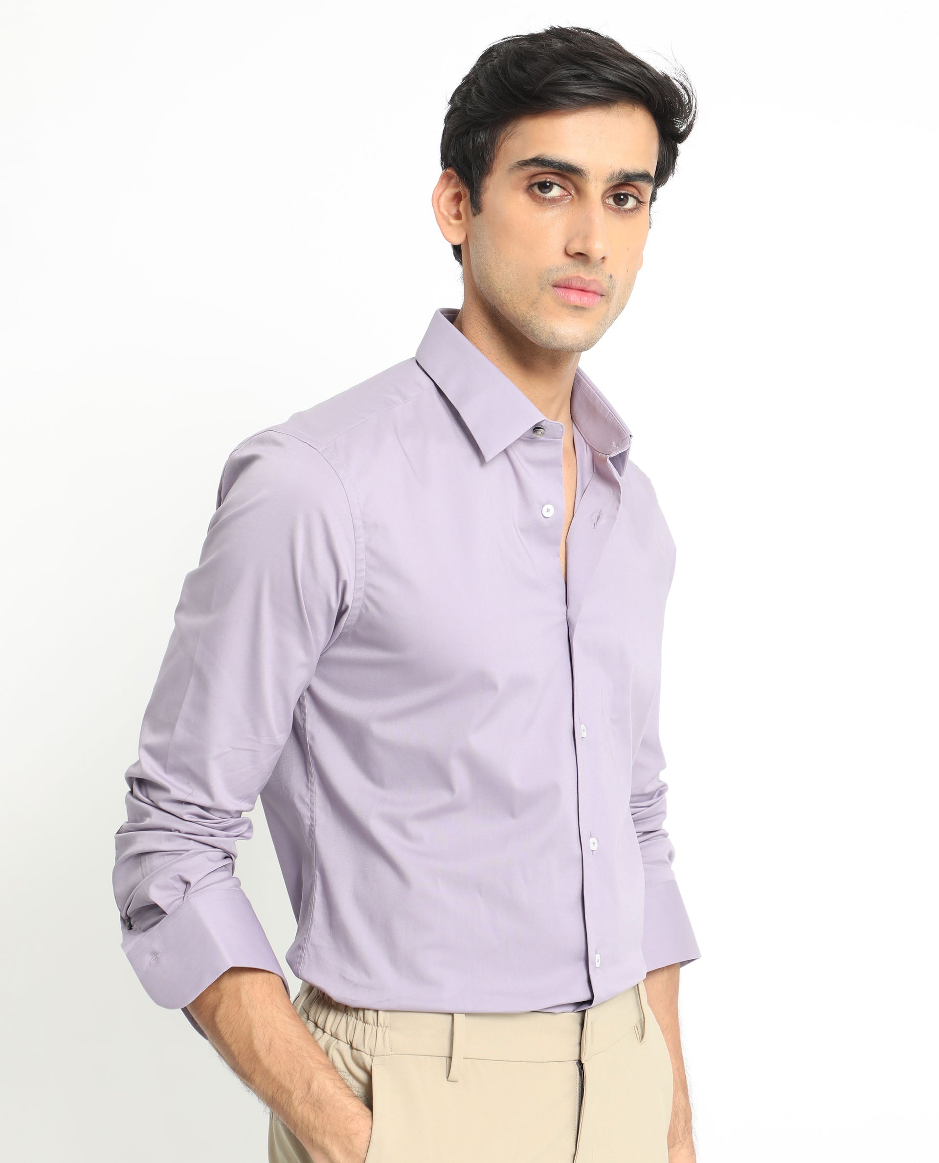 Rare Rabbit Men's Neutons Light Purple Cotton Lycra Fabric Full Sleeves Solid Shirt