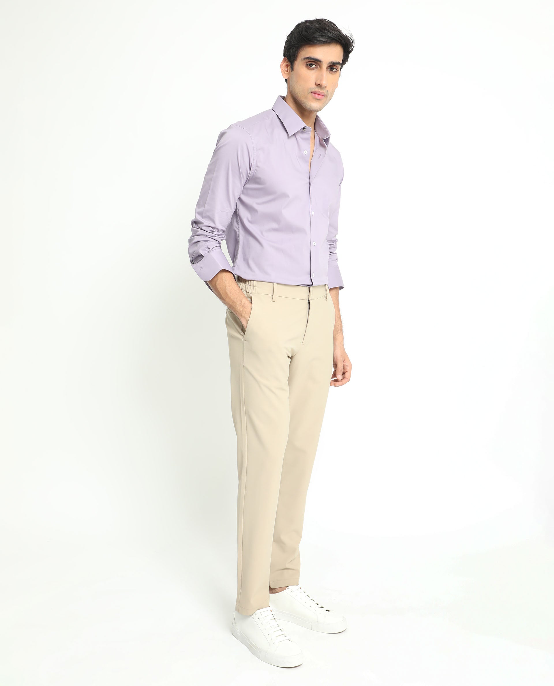 Rare Rabbit Men's Neutons Light Purple Cotton Lycra Fabric Full Sleeves Solid Shirt