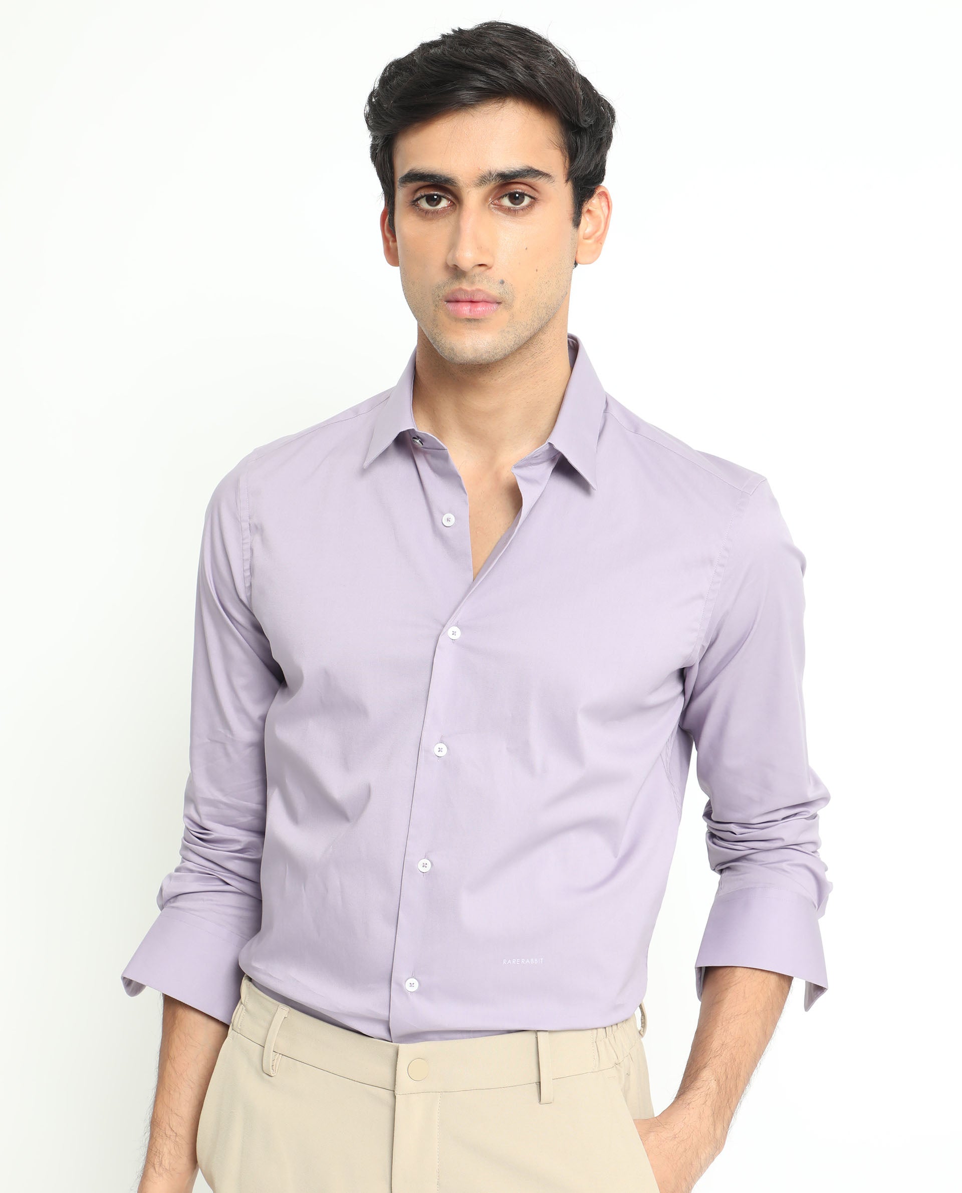Rare Rabbit Men's Neutons Light Purple Cotton Lycra Fabric Full Sleeves Solid Shirt