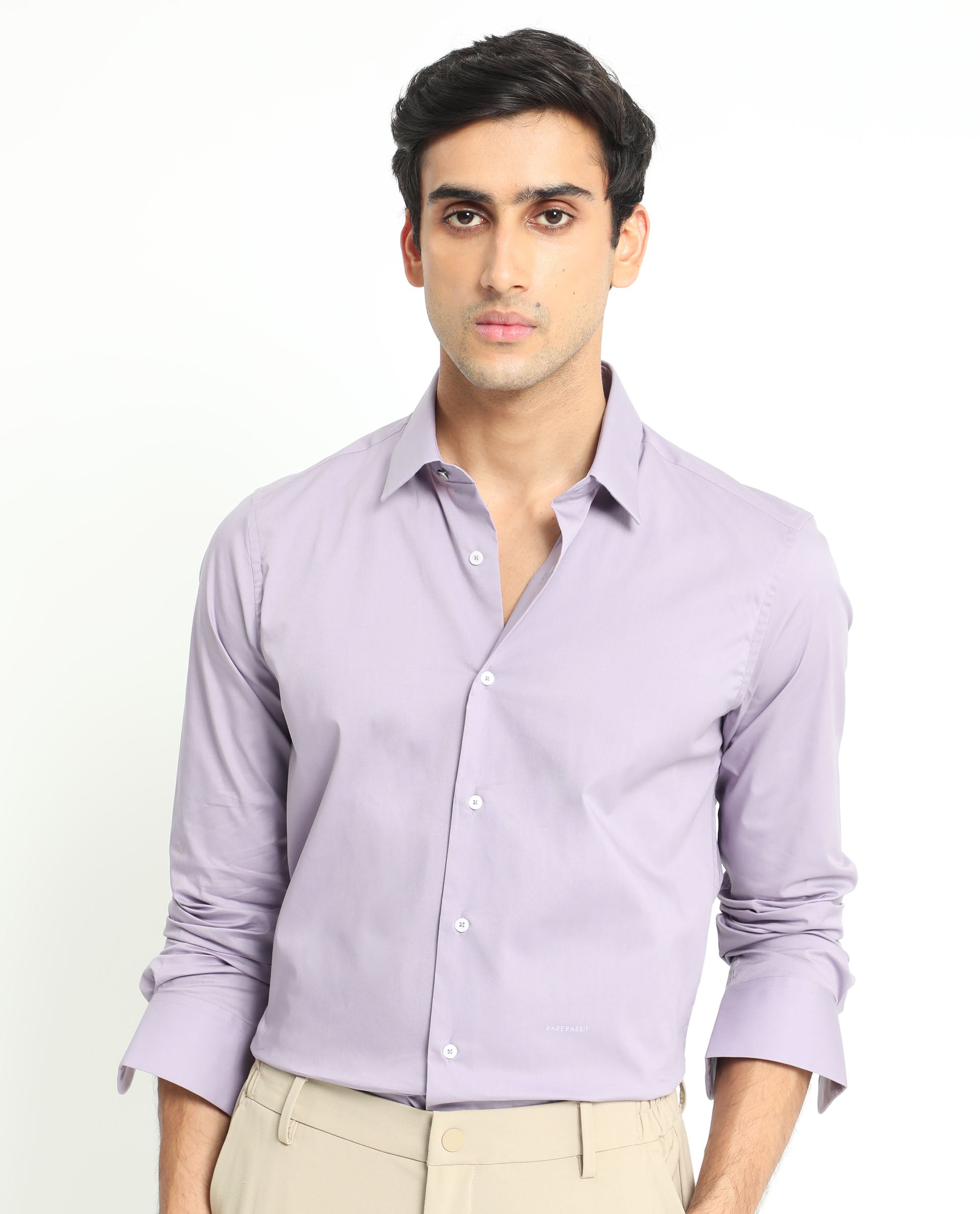 Rare Rabbit Men's Neutons Light Purple Cotton Lycra Fabric Full Sleeves Solid Shirt