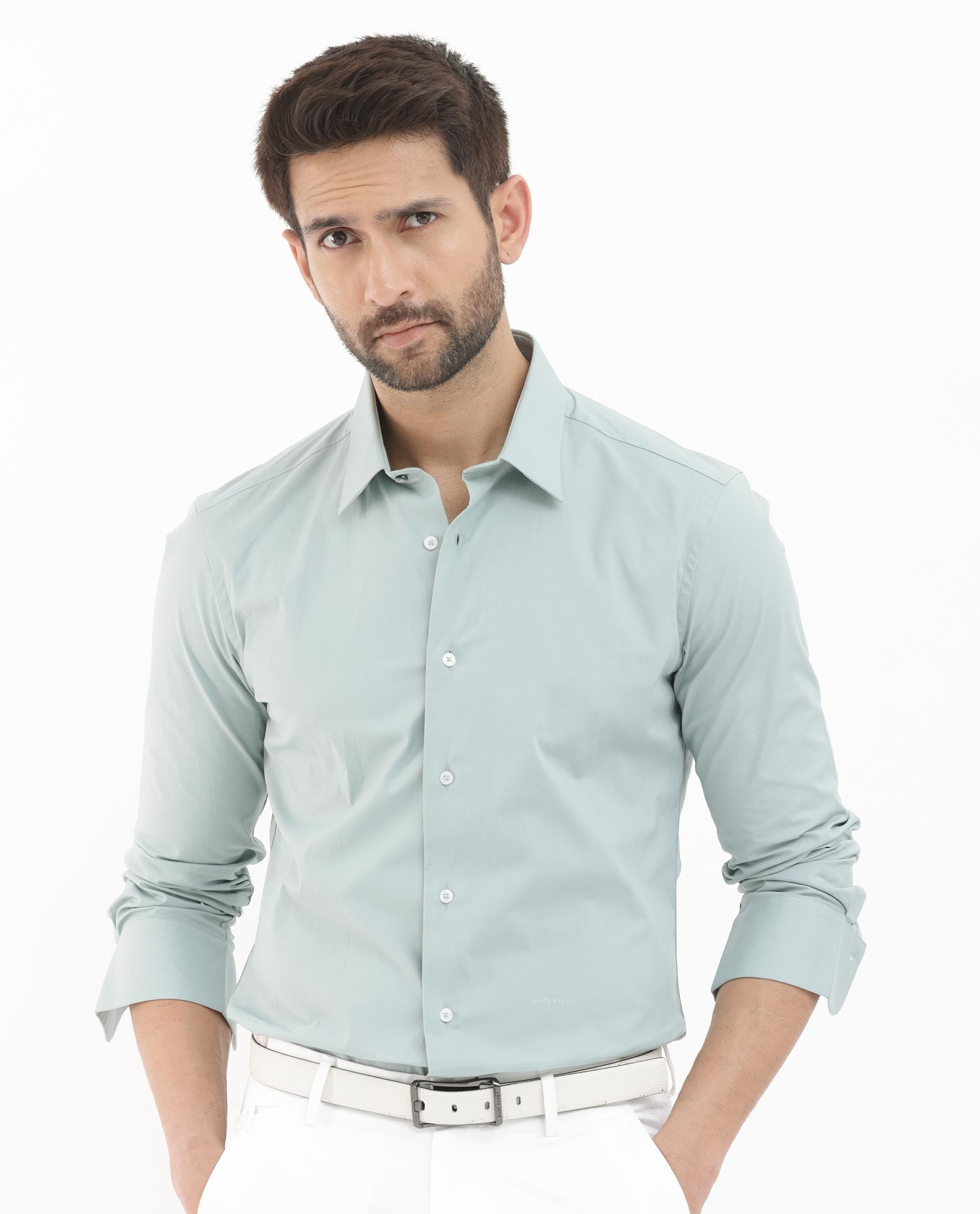 Rare Rabbit Men's Neutron-8 Pastel Green Cotton Fabric Full Sleeves Solid Shirt