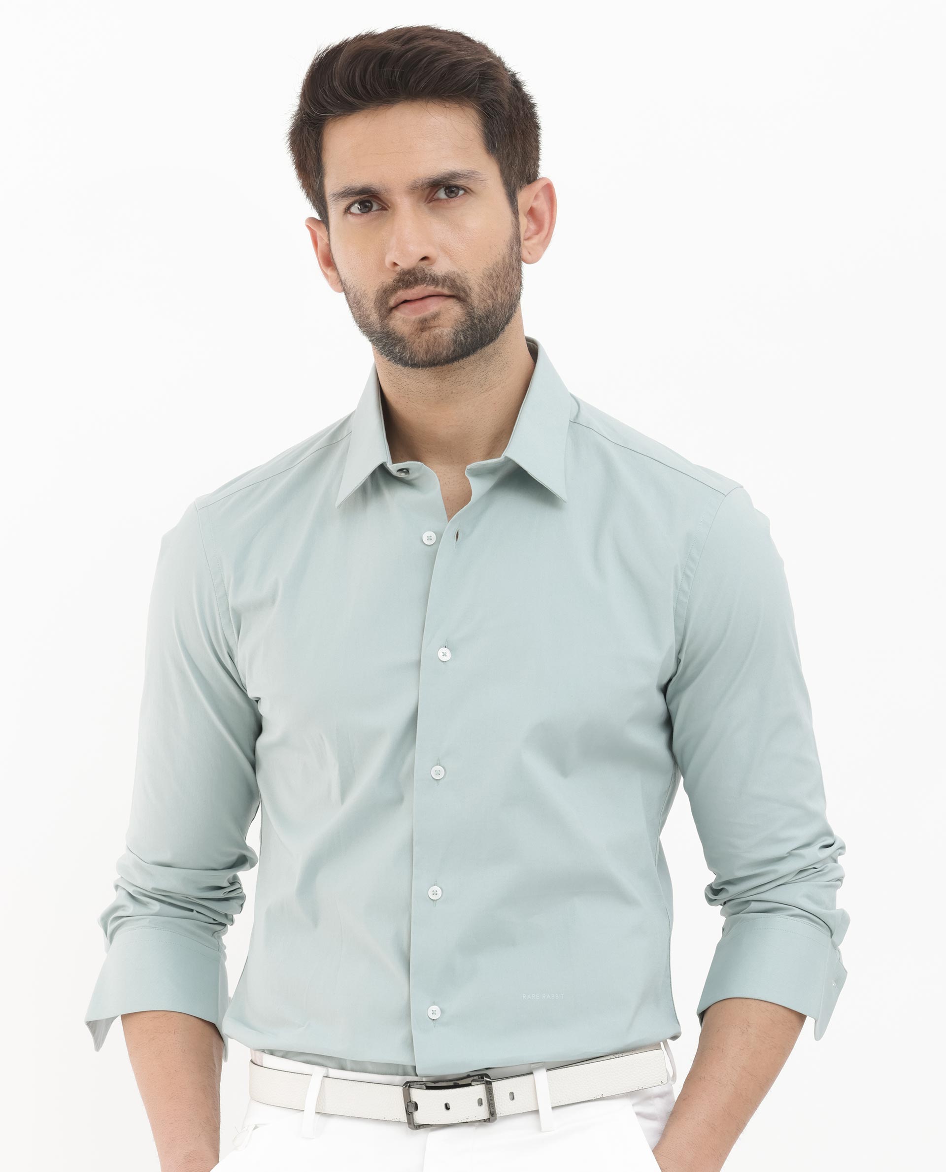 Rare Rabbit Men's Neutron-8 Pastel Green Cotton Fabric Full Sleeves Solid Shirt